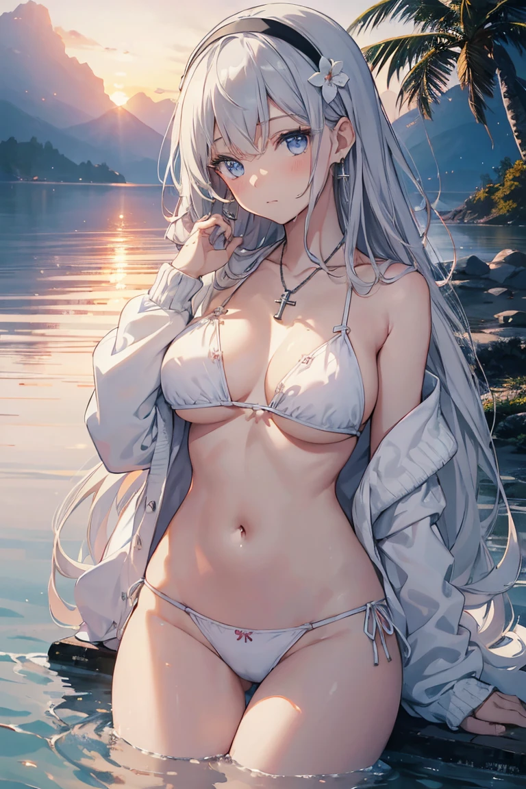 ((girl kawaii)), a extremely delicate and beautiful girl, beautifully painted, cute, sense of digital, best detailed girl, lying on the lake, wet, girl, young, long hair blown up, Hair with flower, (grey hair), cute face, embarrassed, complex details beautiful and delicate eyes, closed mouth, (large breasts), thighs, pale blue eyes, white skin, hairband, earrings, cross necklace, Bracelet, (white bikini), cardigan, white Clothes, (beach), (dusk sky), back lighting, (((wallpaper 8k CG))), ((absurdres)), masterpiece,
