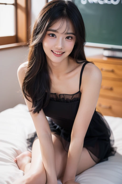 ((8K, original photo, Top quality, masterpiece), High-resolution RAW color photos Professional close-up photos, (Practical, Photorealism: 1.37), (best quality), (Best shadow), (Best Illustration), clavicle ((Large target)), ((, Sexy, Ultra-high resolution, HD CG unified 8K wallpaper, Physically Based Rendering, light), (Egiosar:1), 18 year old girl, ( Tulle Dress,Ribbon, black, high school: 1.2),Couples hotel , eyes in beautiful detail, Face lighting, ((full-body shot: 1.2)), Very strong light, (Upper Eye, to grin:1.2),Glowing skin, (((Black Hair, Long hairstyle:1.2))), ( Thick thighs), ulzzang-6500-v1.1:0.2, Shy, (flash:1.2), Not suitable for working hours , (fluffy), ((posture: 1.2, attractive: 1.2)), (idle), (Sitting on the bed: 1.2)), ((Good anatomy: 1.2)), ((Bright and fresh classroom, Background blur: 1.2)), Perfect face, Cute face, (High Angle Shot:1.2)