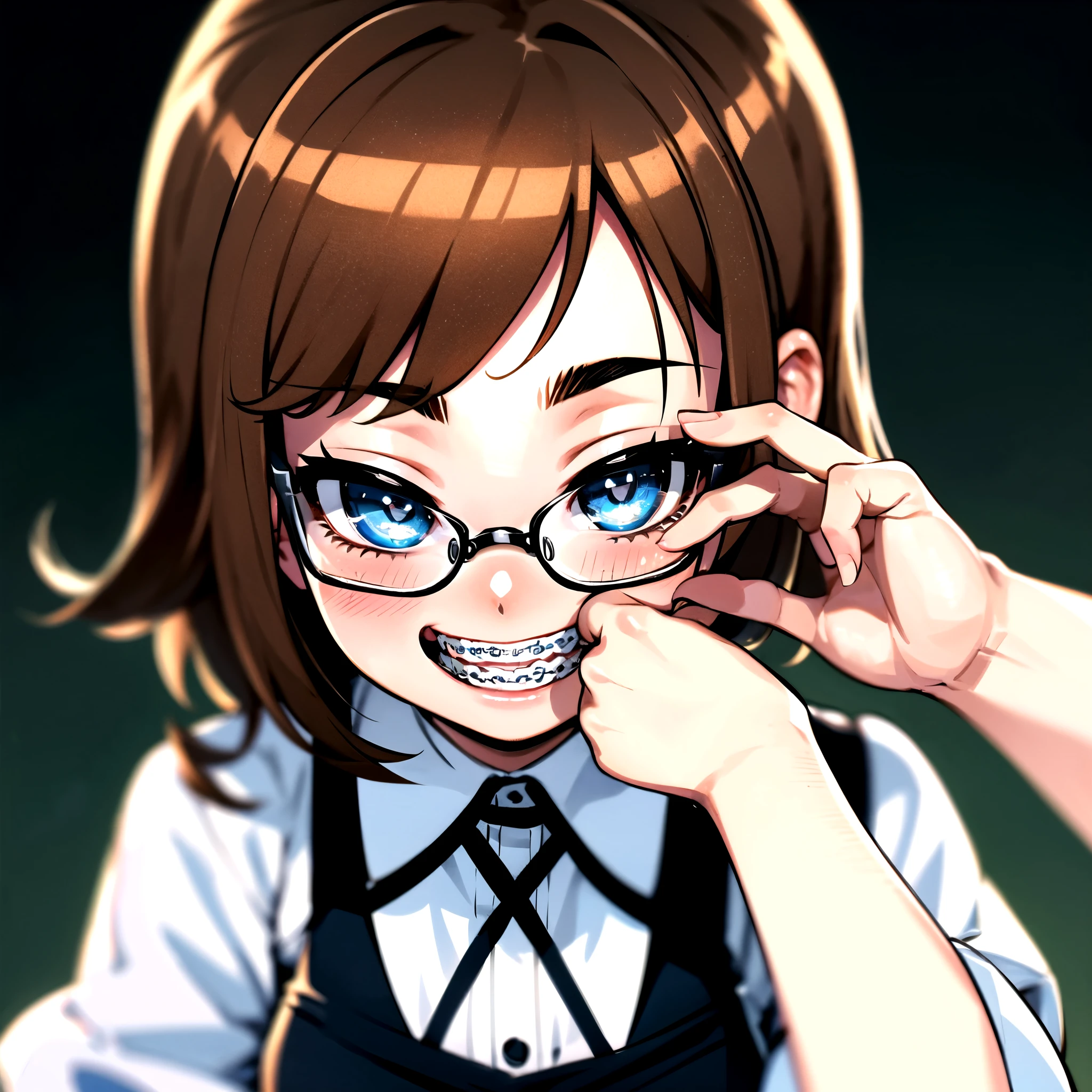 1girl, seductive eyes, braces, glasses, smiling, cute, face focus, blue eyes, blush, brown hair, best quality, masterpiece, highres