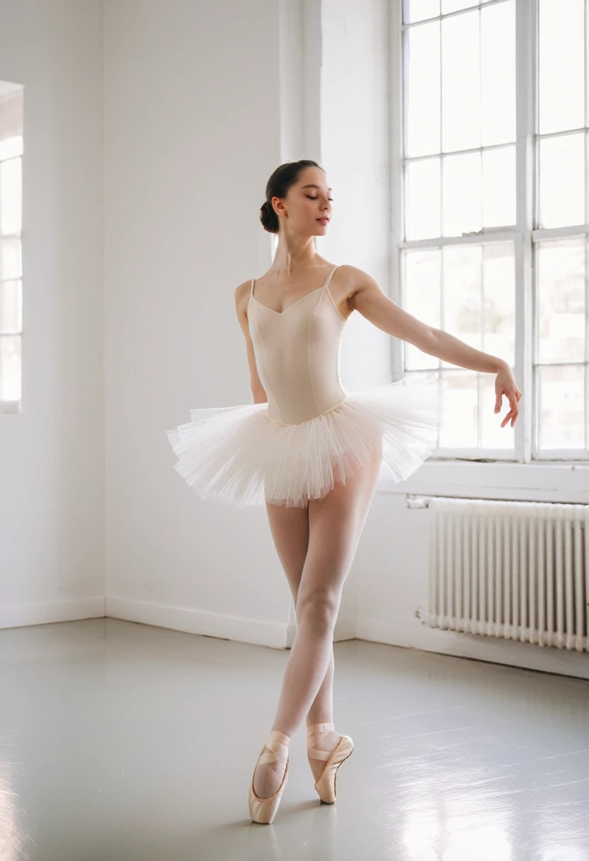 ballet dancer, female, dark hair, white tutu, ballet pose, dance, elegance, indoor, natural light, leotard, ballet shoes, gracefulness, young adult, serene expression, closed eyes, white room, sunlight, caucasian, standing, artistic, performance attire, solo performer
