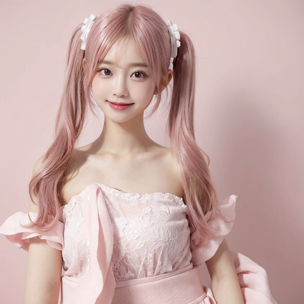 Shot with a top-of-the-line camera. highest quality, illustration, ultra-detailed, intricately detailed, high resolution, 8k, very large breasts, A youthful look of about . Slim and well-proportioned, pink hair in twin tails, fair skin. She is wearing a Japanese idol costume, She is in a magazine photoshoot studio. A light pink background. artist photo, Straight, beautiful teeth and white teeth.