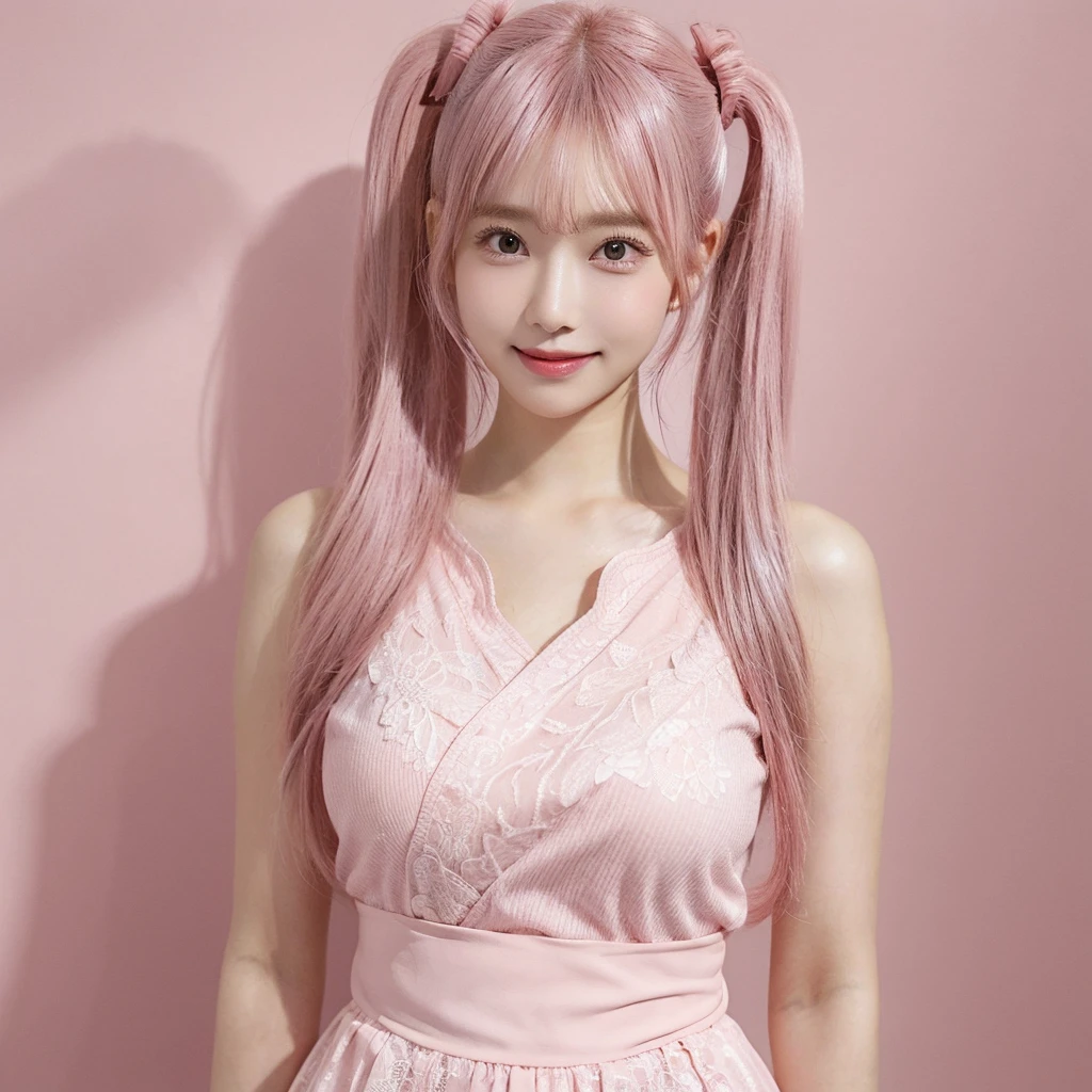 Shot with a top-of-the-line camera. highest quality, illustration, ultra-detailed, intricately detailed, high resolution, 8k, very large breasts, A youthful look of about 15 years old. Slim and well-proportioned, pink hair in twin tails, fair skin. She is wearing a Japanese idol costume, She is in a magazine photoshoot studio. A light pink background. artist photo, Straight, beautiful teeth and white teeth.