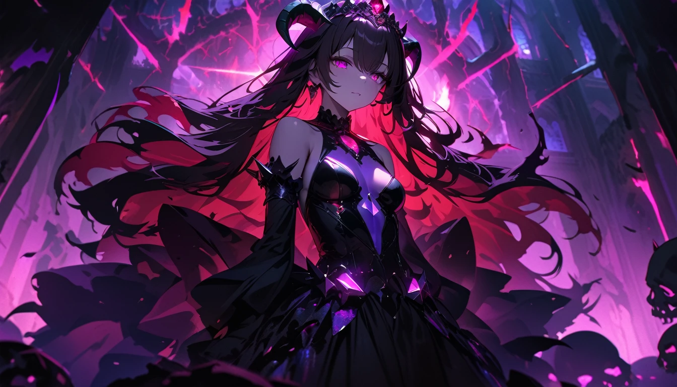 masterpiece, Best quality, 1 girl,photo, Studio photography, from the waist up, upper body, Shoulders back, long hair covers shoulders, headband with black roses and veil, tiara of bloodstones and rubies with black metal, pale-skinned woman with a seductive expression, iridescent skin, Succubus, Twisted Horns, on a throne of stone spikes in the underworld, Underworld, afterlife, Surrounded by demons, Gloomy atmosphere, purple lighting, light rays, skull, iridescent scepter、Toned waist、Wide buttocks、Эффект Тиндаллаmasuter piece、top quality、Highest standards、Highest image quality、table、complex parts、A high resolution、depth of field、natural soft light、professional lighting、about, standing, very long hair, cowboy shot, brilliant, brilliant hair, (night:1.2),Dreamy, [[gentle fingers and hands:0.55]::0.85],(detailed fingers),),(emotional),(breathtaking),(main part:1.2) whole body.), (Anime Style), (Super Detailed), (brutal), (uhd, HDR), (8K), (High Resolution: 1.2), (Complex and Beautiful: 1.2)