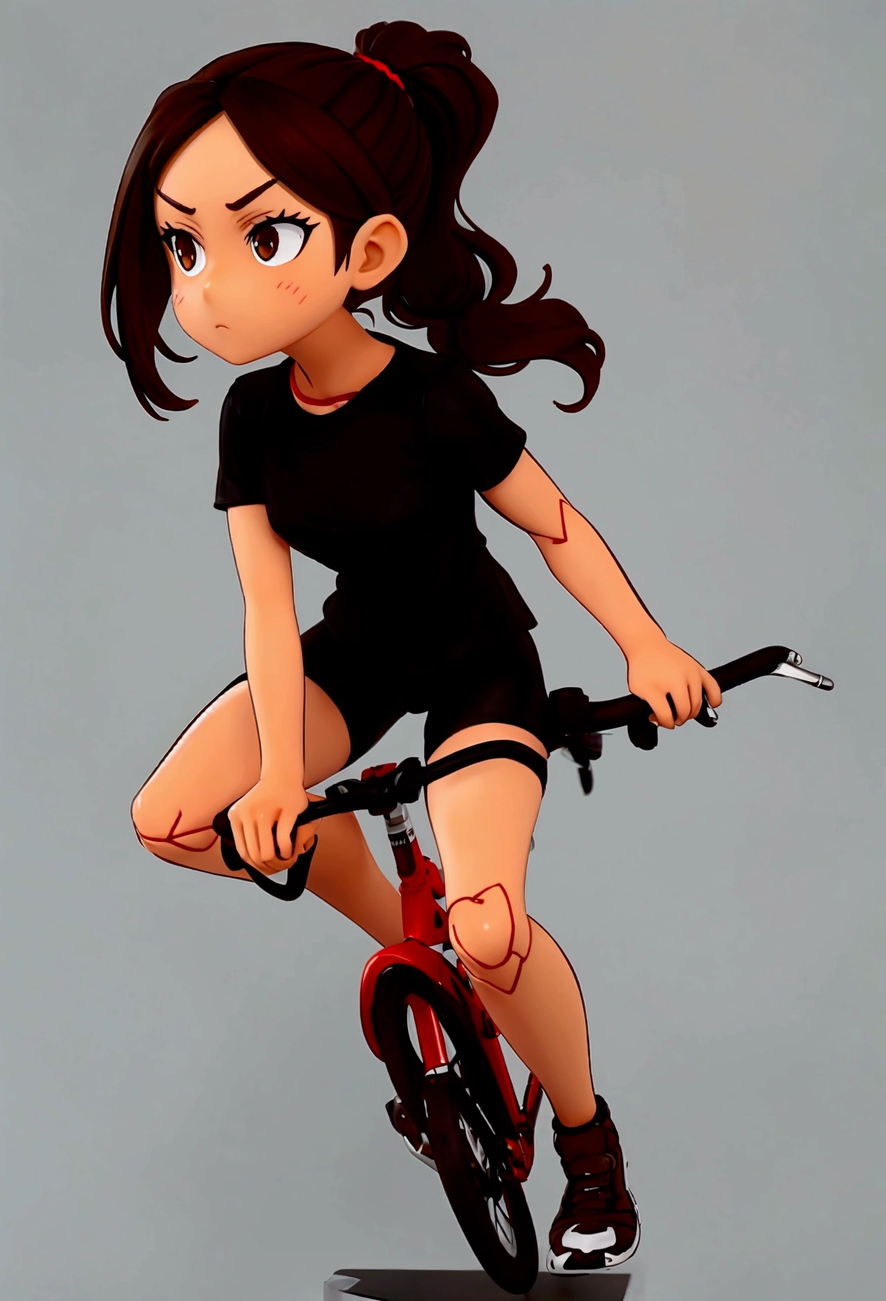 Brown hair tucked into a ponytail, brown eyes, blank look, fair skin, black T-shirt and bike shortsgacha, full body