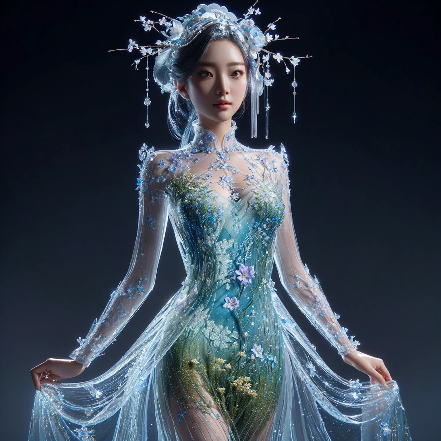 a close up of a woman in a dress with flowers on it, hyperdetailed fantasy character, asian female water elemental, a stunning young ethereal figure, 3 d render character art 8 k, stunning 3d render of a fairy, 3d render digital art, goddess. extremely high detail, stuning fantasy 3 d render, beautiful digital artwork, fantasy dress