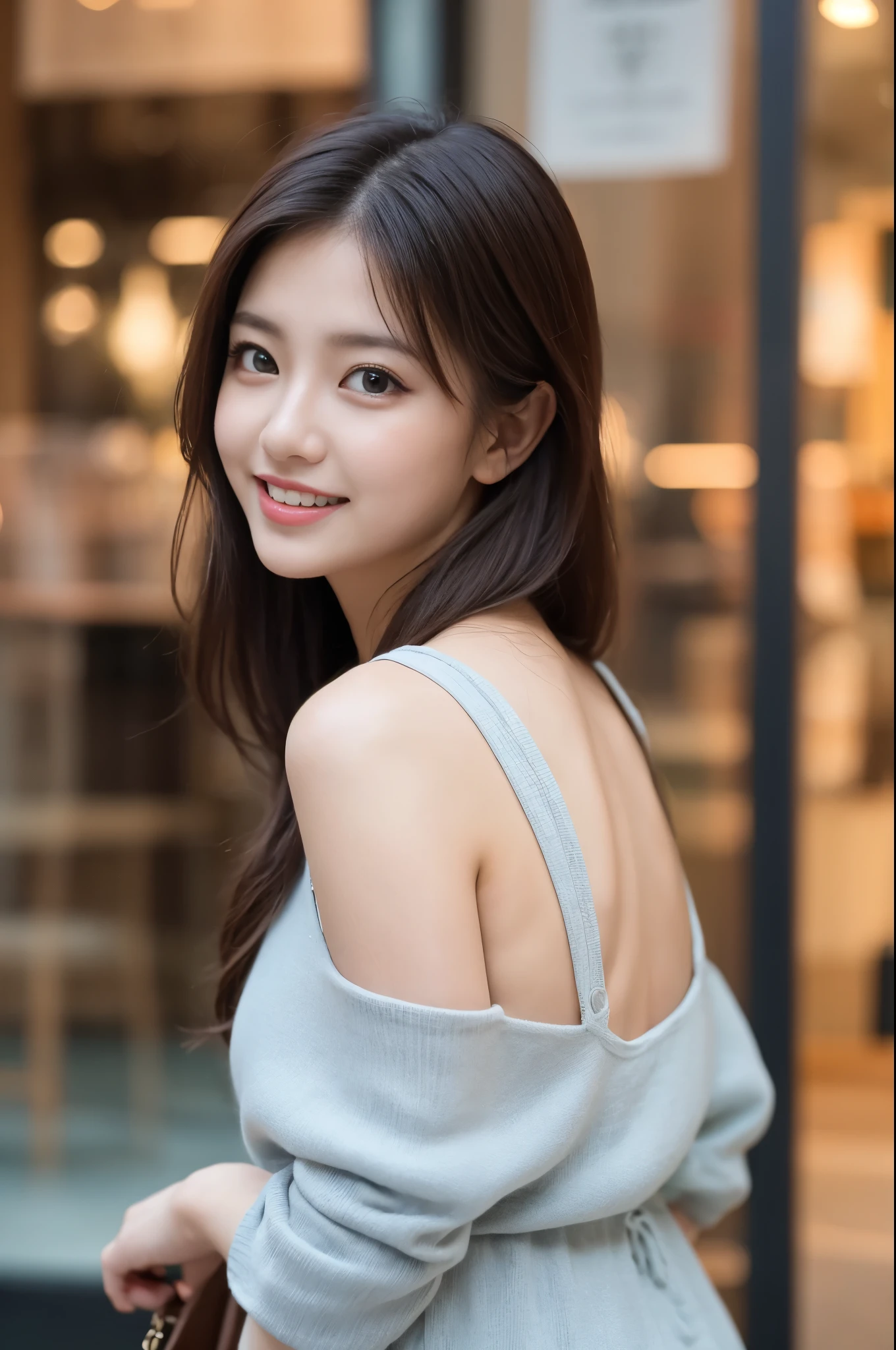 ulzzang-6500-v1.1,(RAW Photos:1.2), (Photorealistic), (Genuine:1.4), ((masterpiece)),(Very realistic, High resolution, Detailed face, Beautiful Eyes), Glowing silver hair、blue eyes、Pure beautiful girl、Grin、