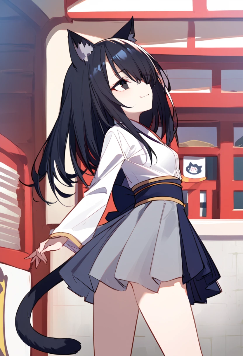 cat_girl,teen,fair_skin,slender,black hair,cat_ears,hair_over_one_eye,slit pupils,((black eyes)),slit_pupils,small_breasts,narrow_waist,student,1girl,school_uniform,japanese_clothes,blouse,miniskirt,asymmetrical_sleeves,smile,looking_to_the_side,from_side,two tails,