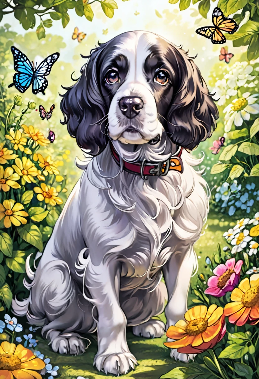 A delightful black and white line art coloring page of a playful cocker spaniel chasing a butterfly in a garden. The puppy, with floppy ears and a wagging tail, is depicted with thick lines and minimal details, making it perfect for kids to color. The butterfly, with open wings, flies gracefully above the puppy. The garden has a few simple flowers and blades of grass, creating a cheerful atmosphere. The clear, bold outlines stand out against the white background, making the illustration fun and engaging, illustration