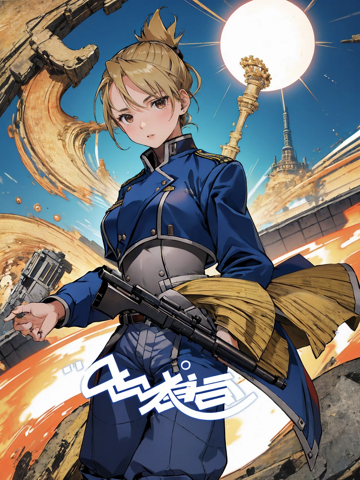 masterpiece, Highest quality, High resolution, One girl, (Crouch down and aim your handgun), Folded ponytail, Brown eyes, , (uniform, Blue jacket, Blue pants), ,Big Breasts,