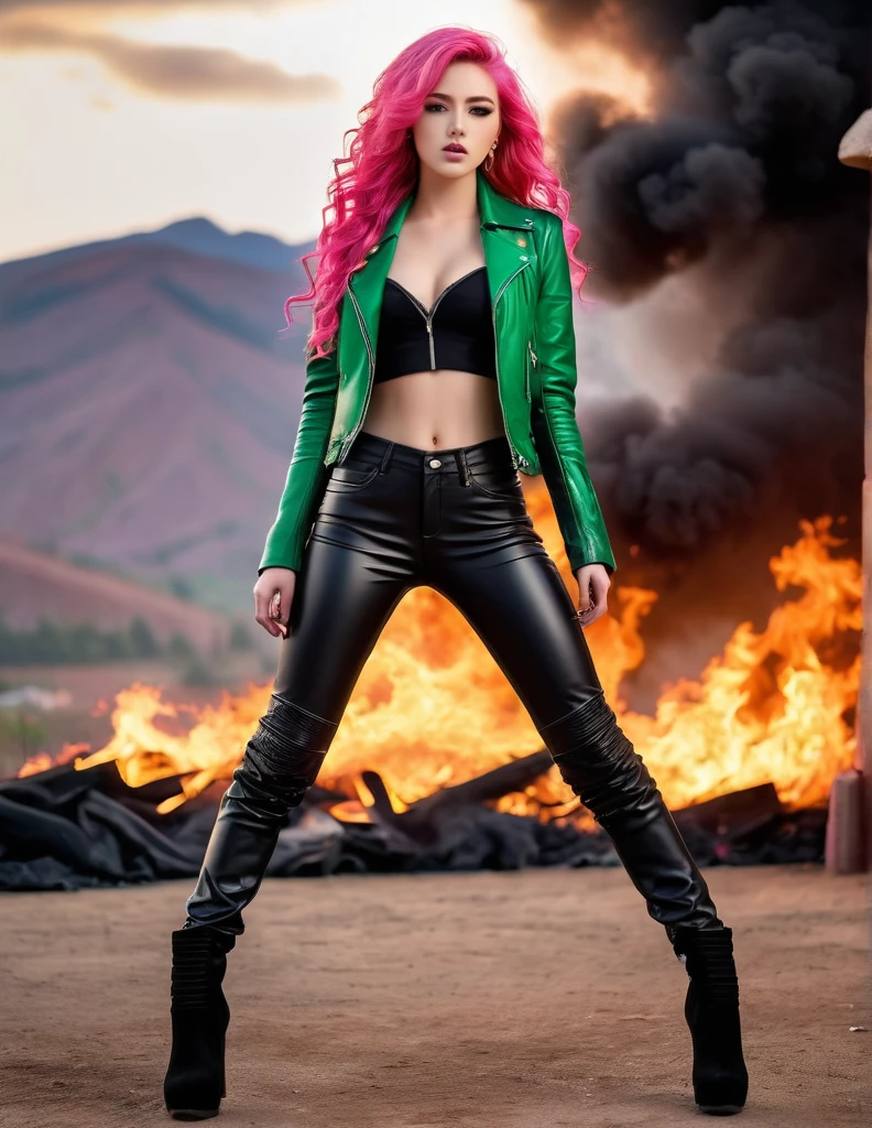 very attractive 25 year old female with long bright pink hair, 1girl, Long curly bright pink hair, The eyes are green, wearing a black leather jacket, Black Leather Long Pants, Black Boots, hight resolution, Ultra-spicy, 8K, Masterpiece, looking a viewer, full-length photo, A great scene, Epic Scenes, luna, fire, warrior, mountains, hero, Black sunglasses