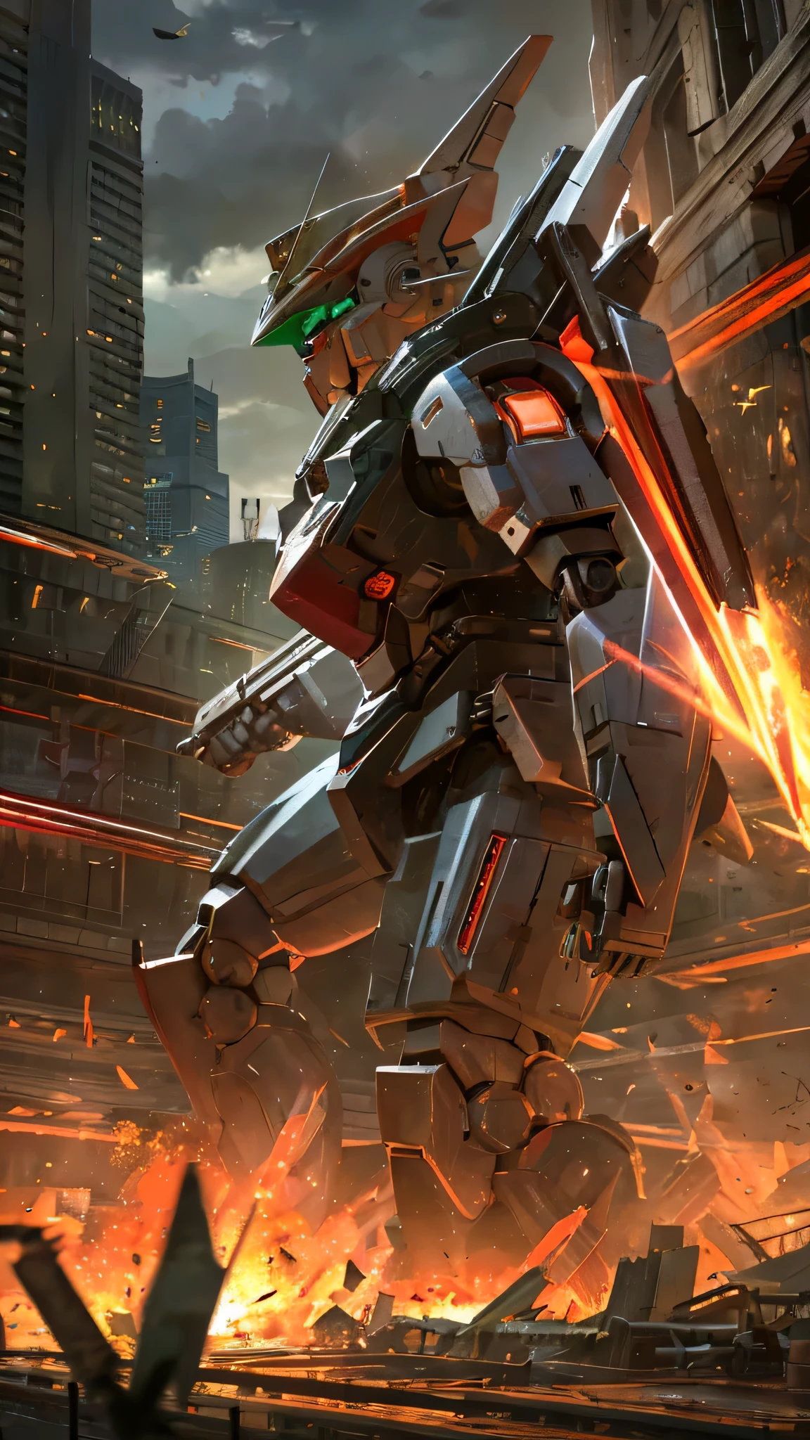 最high quality、Best image quality、masterpiece、Giant Mecha((humanoid、black body、Railgun、Bulletproof vest、Jetpack、Red visor、Run、Chainsaw,Covered in scars)）high quality、Beautiful art、background((city)),Tabletop、Exquisite design、Visual Arts、Written boundary depth、Best lighting、The finest details、8ｋ