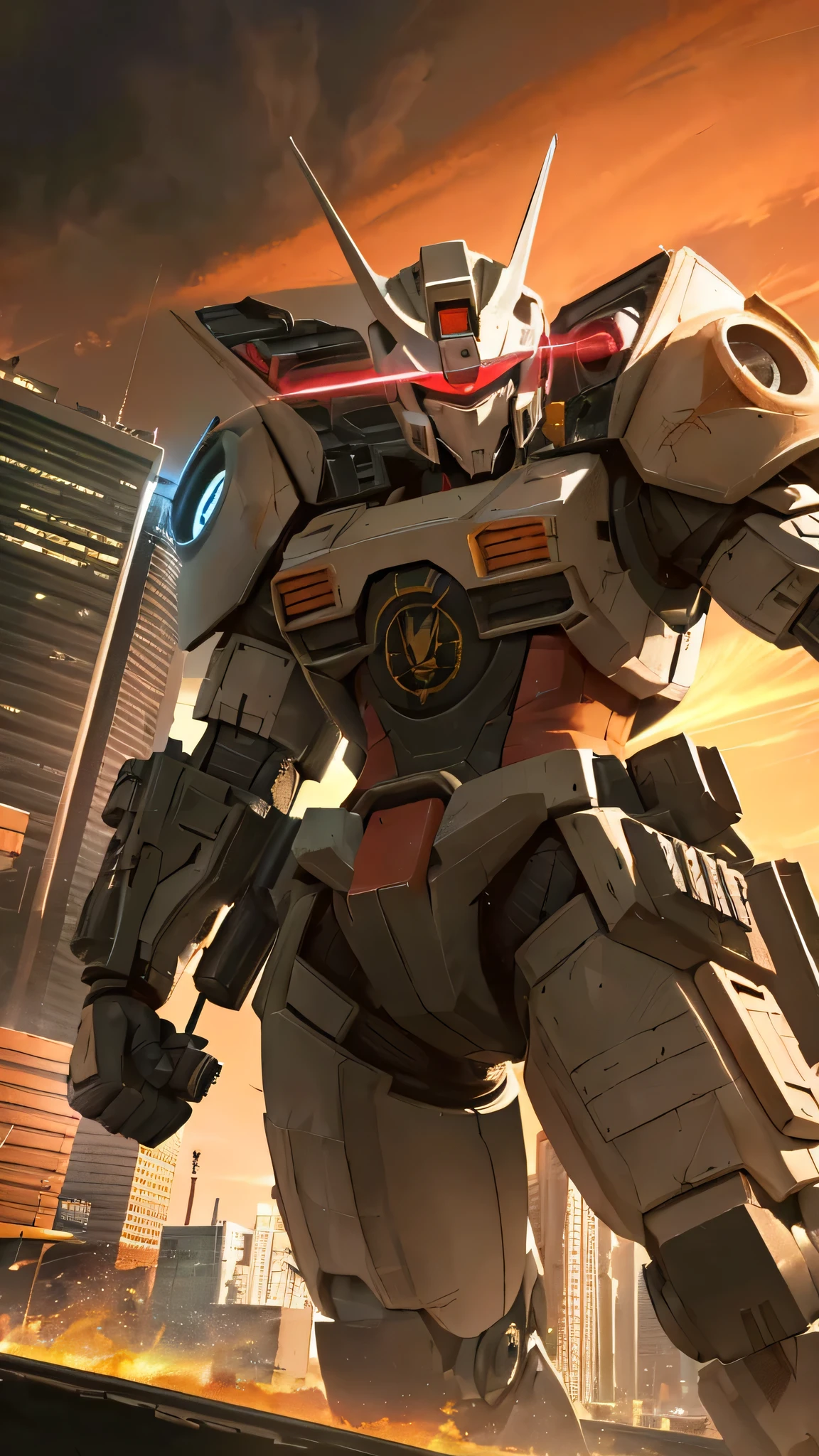 最high quality、Best image quality、masterpiece、Giant Mecha((humanoid、black body、Railgun、Bulletproof vest、Jetpack、Red visor、Run、Chainsaw,Covered in scars))high quality、Beautiful art、background((city)),Tabletop、Exquisite design、Visual Arts、Written boundary depth、Best lighting、The finest details、8k