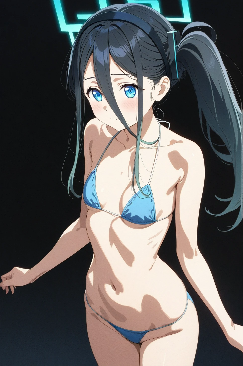 best quality, amazing quality, very aesthetic, (ultra-detailed), (1girl, aris, blue archive, solo, blue eyes), (realistic face:0.9),(string bikini:1.8), (glare, blush, thigh:1.3), (cowboy shot), (glowing eyes), (half closed eyes:0.9), (nipple), (official art:1.3), (pool), expressive eyes, perfect face, extremely detailed eyes, perfect anatomy, smooth skin, (black background:1.5), clear eyes, beautiful face, small breasts, (anime style:1.7), (Warm Light:1.5), (highres:2), (Chiaroscuro),