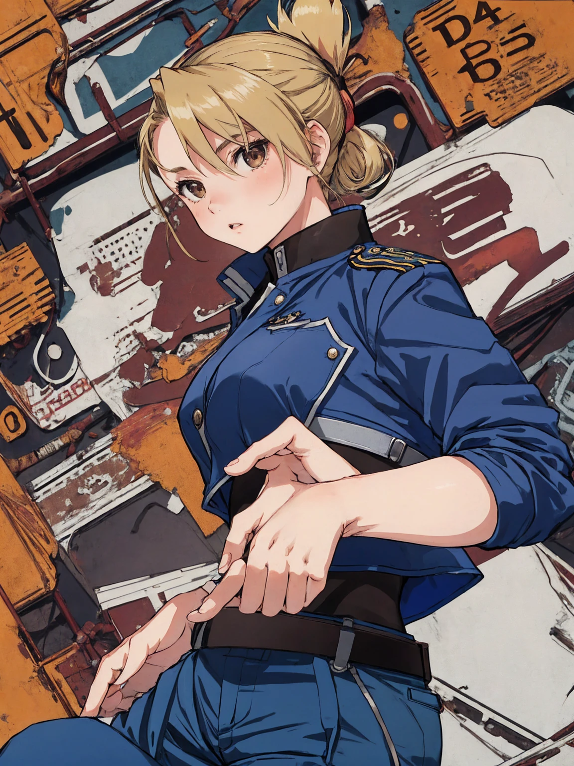 masterpiece, Highest quality, High resolution, One girl, (Crouch down and aim your handgun), Folded ponytail, Brown eyes, , (uniform, Blue jacket, Blue pants), ,Big Breasts,