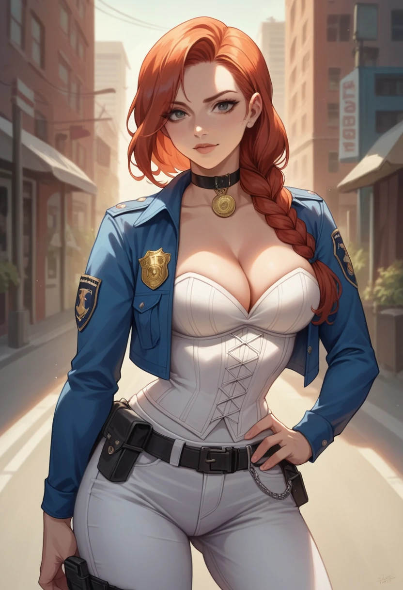NSFW,One girl, Portrait of a beautiful donkey pex, Athletic ability, Blue jacket, White corset, skirt, White trousers, Police Medal,Holster on waist,Redhead, Braid, compensate, choker, Cleavage, Wide Hips, Volumetric lighting, Highest quality, masterpiece, Intricate details, Tone Mapping, Sharp focus, Super detailed, Trending on Art Station,Urban area, Realistic anime,cartoon,Urban area,Sideways glance,Police all around,Talk to those around you
