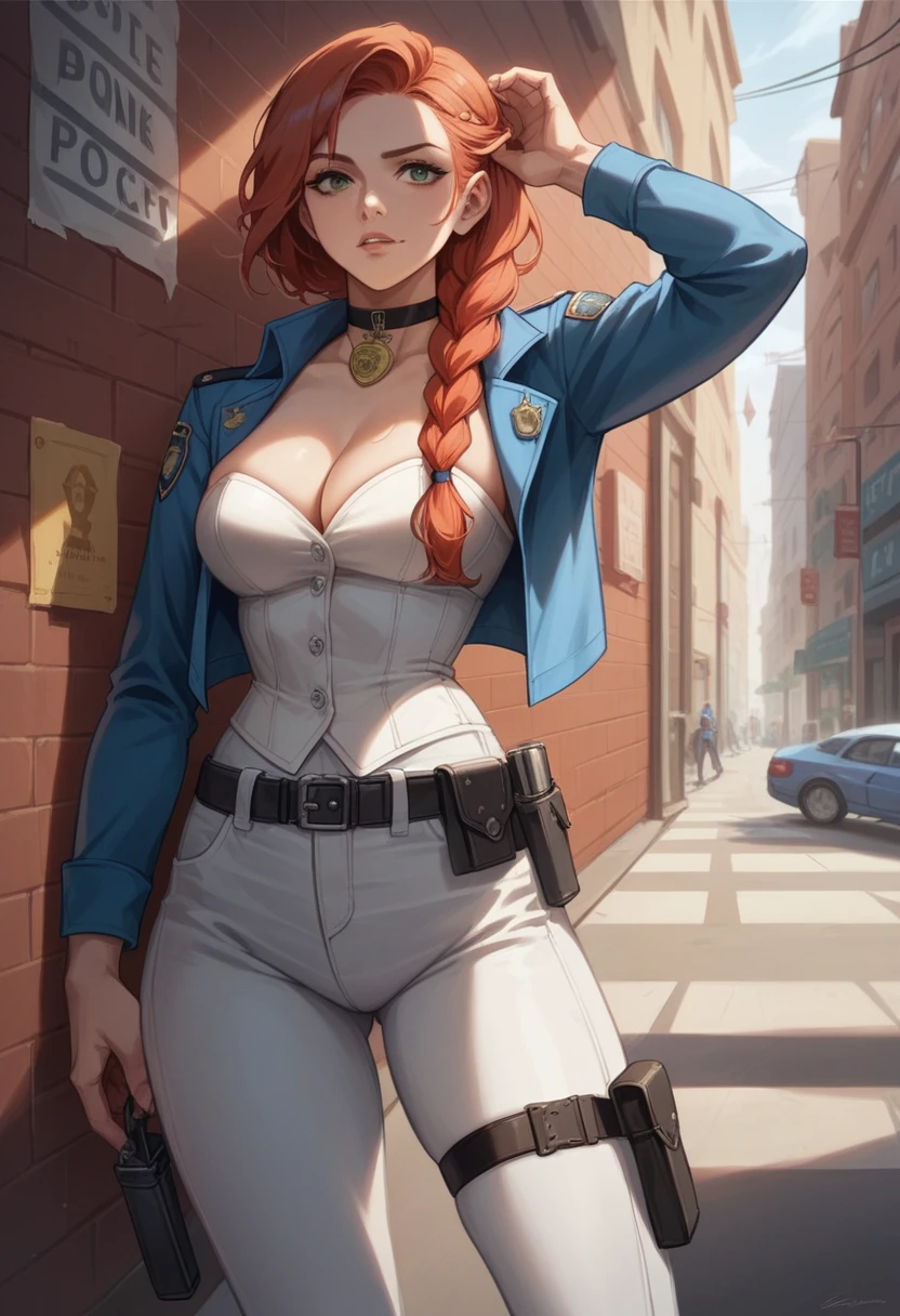 NSFW,One girl, Portrait of a beautiful donkey pex, Athletic ability, Blue jacket, White corset, skirt, White trousers, Police Medal,Holster on waist,Redhead, Braid, compensate, choker, , Wide Hips, Volumetric lighting, Highest quality, masterpiece, Intricate details, Tone Mapping, Sharp focus, Super detailed, Trending on Art Station,Urban area, Realistic anime,cartoon,Urban area,Sideways glance,Police all around,Talk to those around you