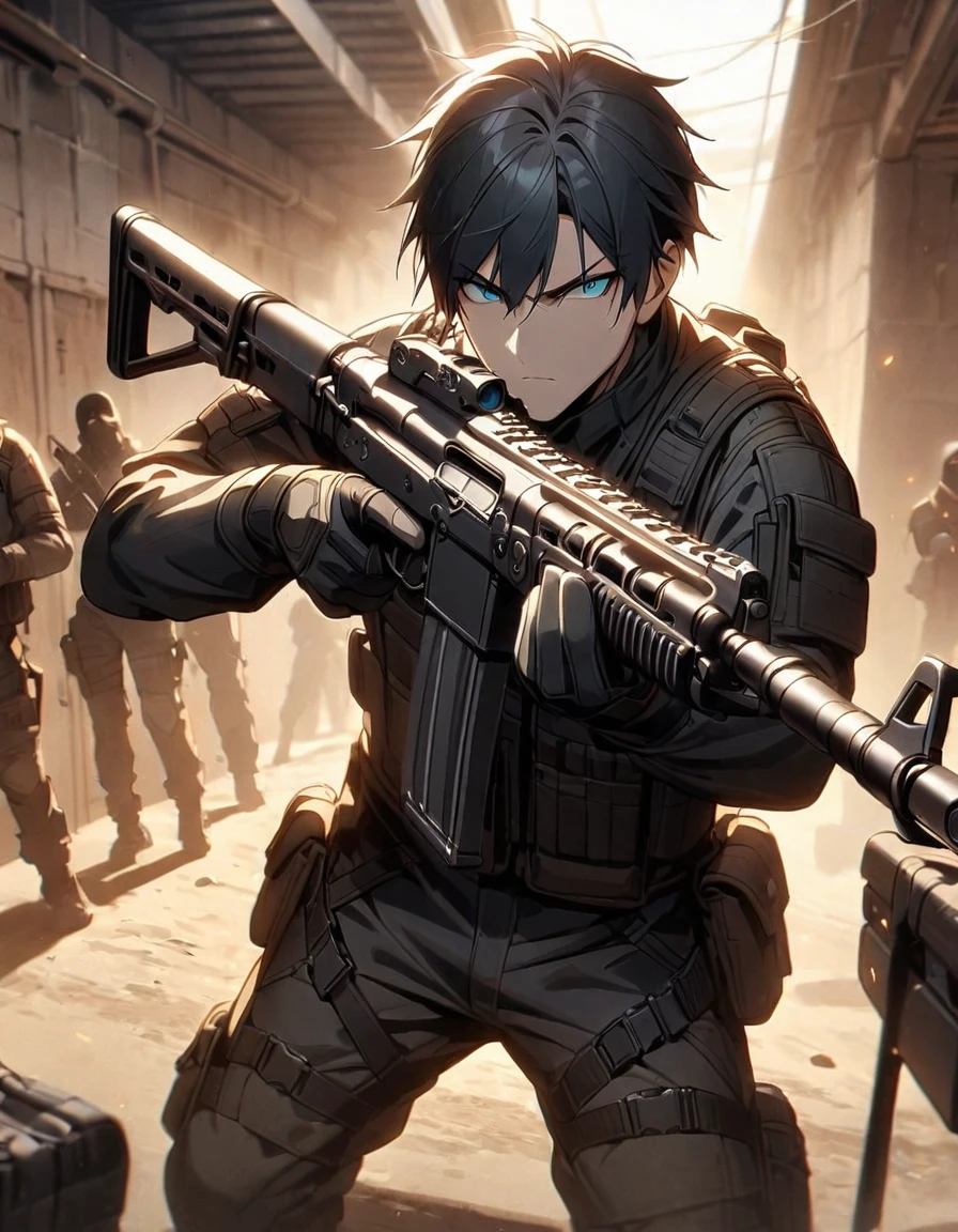 Masterpiece, best quality, 1 person, 30 year old man, Focus Man, alone, alone focus, black hair, Turquoise eyes, black bulletproof vest, Mercenaries, (holding an assault rifle((AK46)), Standing position, Standing shooting position, Shooting practice area behind the scenes, Shooting practice, serious,Aim the gun., solemn face, dangerous atmosphere,ปืน AK46,black gun,AK 46 black.