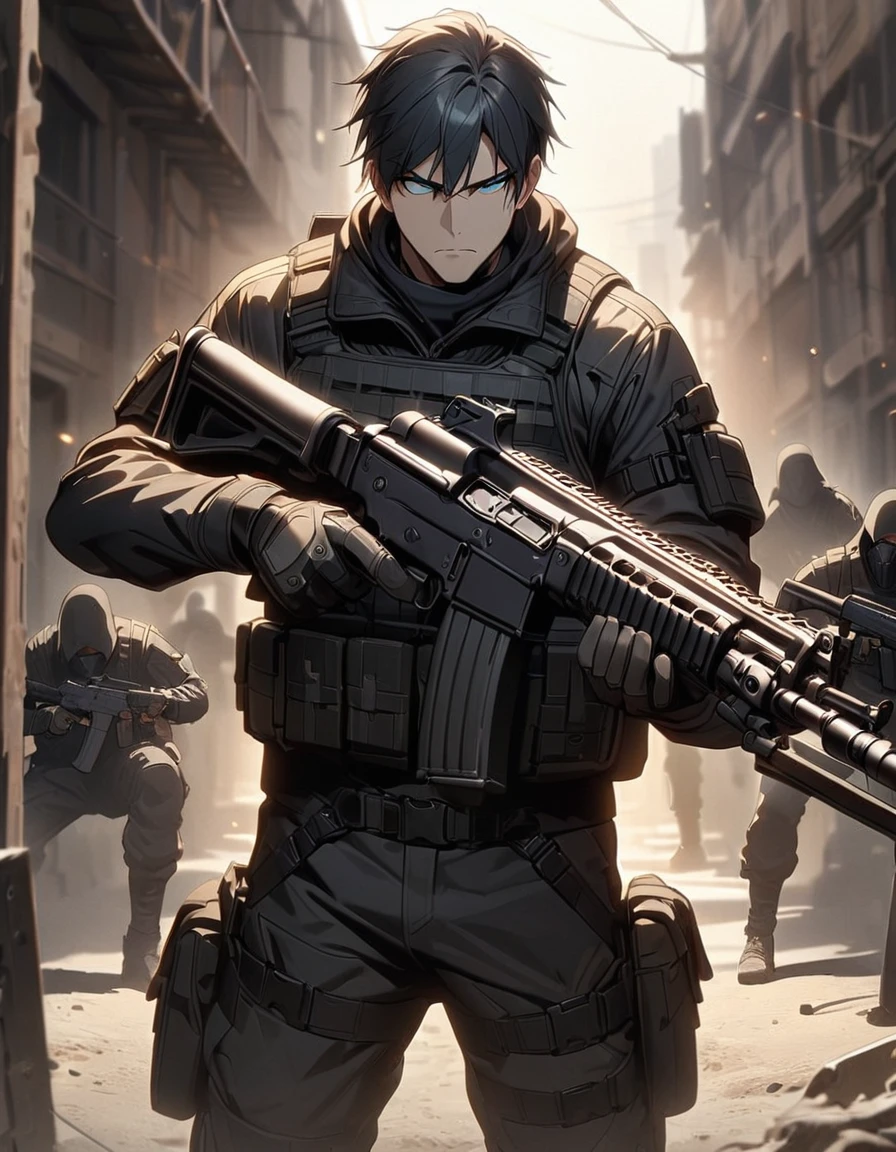 Masterpiece, best quality, 1 person, 30 year old man, Focus Man, alone, alone focus, black hair, Turquoise eyes, black bulletproof vest, Mercenaries, (holding an assault rifle((AK46)), Standing position, Standing shooting position, Shooting practice area behind the scenes, Shooting practice, serious,Aim the gun., solemn face, dangerous atmosphere,ปืน AK46,black gun,AK 46 black.