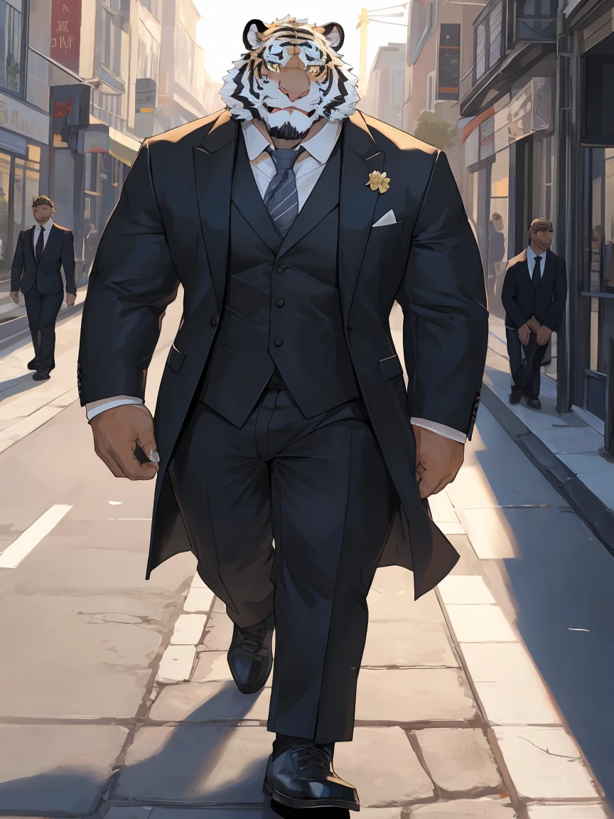 White Tiger Orc,Golden pattern,Scar on left eye,The left pupil is black,Right eye pupil,Suit,Walking down the street smiling