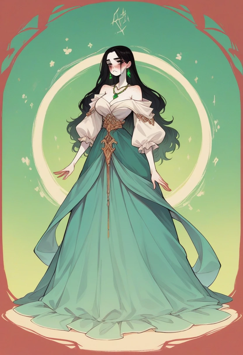 white skin girl, slanted and black eyes. Straight medium length black hair. Elven queen long dress. Light blue color showing the shoulder. green emerald necklace, matching earrings on the girl&#39;s pointed ear. 
  Pink mouth and dark brown eyes, broken face with red freckles all over his face. blushed face. Large and generous breasts. Waist slender. Montage full body.