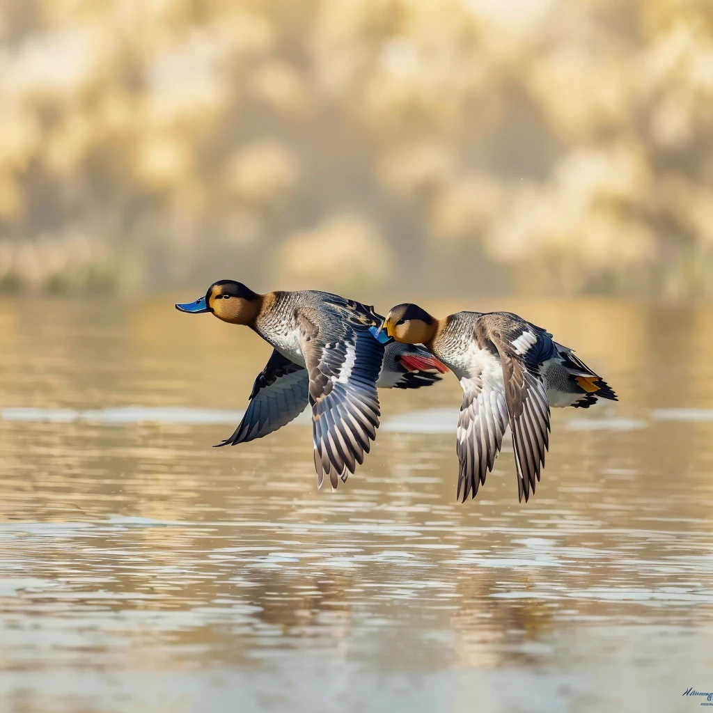 there are two Duck flying over the water in the daytime, Duck, blue, Male and female, quack, adult twins, hunt, author：Jurgen von Hondberg, Travel photos, symmetry, Birds flying, Nature photos, Bird flying out of water, In flight, birds In flight, author：Hans Werner Schmidt