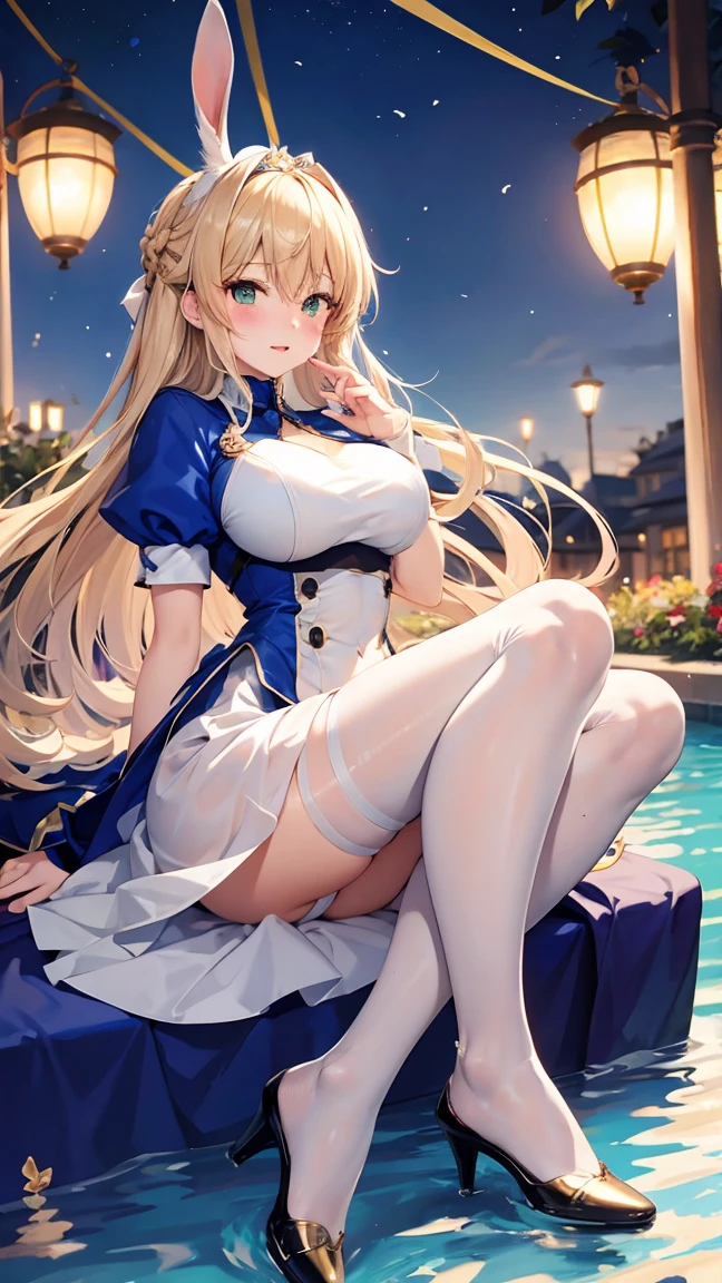 Rabbit Arturia's hairstyle, Artoria the Rabbit Cosplay Costume, One girl, Pectoral muscle, alone, Blonde, Green Eyes, French Braidings, Long Hair, Big ample breasts, Cleavage, ponytail, Side Lock, Bans, belly button, Looking up at the viewer, Bare shoulders, Braiding, Hair between the eyes, ウサギのPause, tiara, Ahegao, Blushing huge saggy breasts:1.8, Huge chubby sexy :1.9, Huge Sexy , Sexy Legs:2.0, , Prohibited to wear, No clothes, White transparent tights, Hugging legs, Hug my feet, Hugging legs, squats and leg hugs, Pause, Lying down , Lie down with your legs hugged, You are so sexy