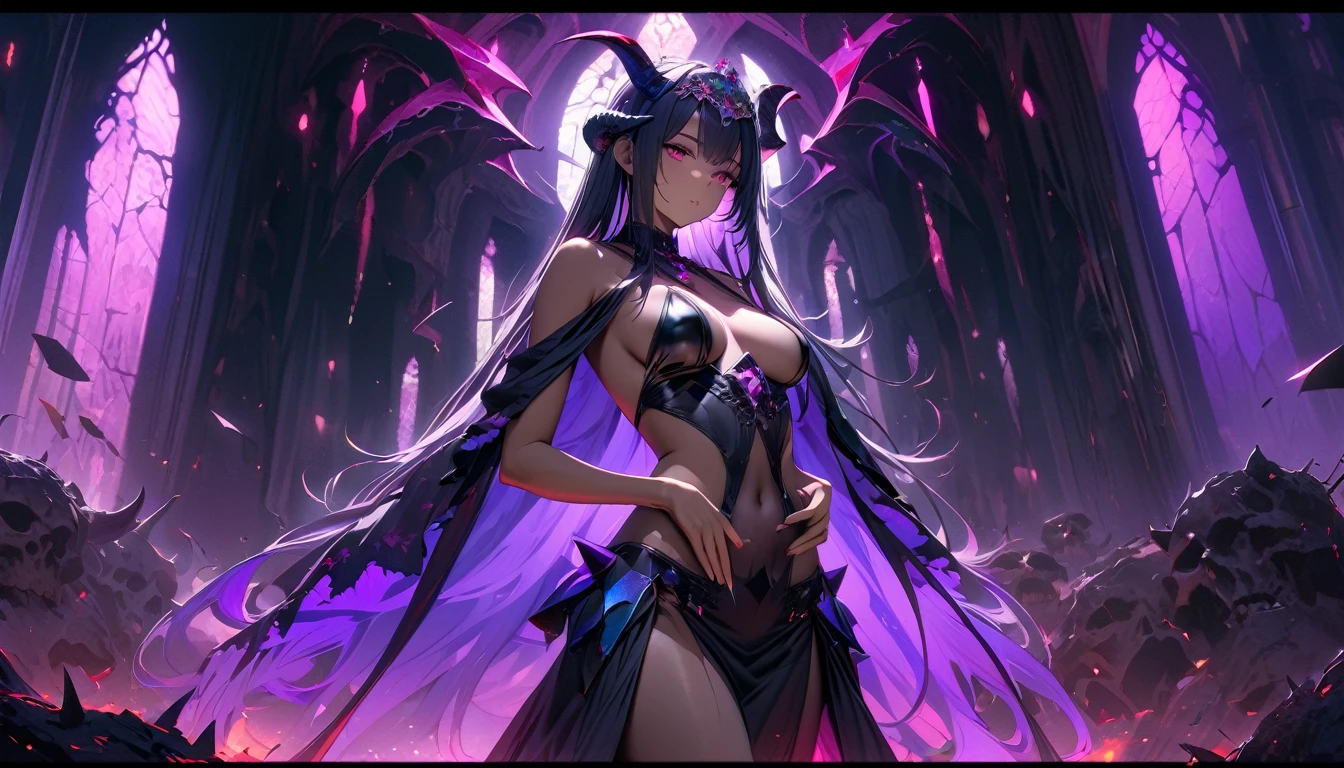 masterpiece, Best quality, 1 girl,photo, Studio photography, from the waist up, upper body, Shoulders back, long hair covers shoulders, headband with black roses and veil, tiara of bloodstones and rubies with black metal, pale-skinned woman with a seductive expression, iridescent skin, Succubus, Twisted Horns, on a throne of stone spikes in the underworld, Underworld, afterlife, Surrounded by demons, Gloomy atmosphere, purple lighting, light rays, skull, iridescent scepter、Toned waist、Wide buttocks、Эффект Тиндаллаmasuter piece、top quality、Highest standards、Highest image quality、table、complex parts、A high resolution、depth of field、natural soft light、professional lighting、about, standing, very long hair, cowboy shot, brilliant, brilliant hair, (night:1.2),Dreamy, [[gentle fingers and hands:0.55]::0.85],(detailed fingers),),(emotional),(breathtaking),(main part:1.2) whole body.), (Anime Style), (Super Detailed), (brutal), (uhd, HDR), (8K), (High Resolution: 1.2), (Complex and Beautiful: 1.2)