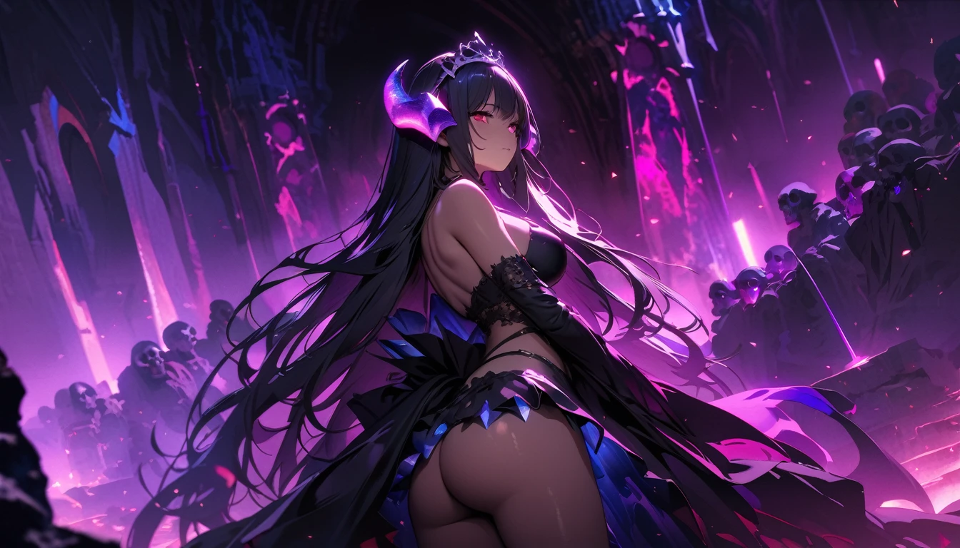 masterpiece, Best quality, 1 girl,photo, Studio photography, from the waist up, upper body, Shoulders back, long hair covers shoulders, headband with black roses and veil, tiara of bloodstones and rubies with black metal, pale-skinned woman with a seductive expression, iridescent skin, Succubus, Twisted Horns, on a throne of stone spikes in the underworld, Underworld, afterlife, Surrounded by demons, Gloomy atmosphere, purple lighting, light rays, skull, iridescent scepter、Toned waist、Wide buttocks、Эффект Тиндаллаmasuter piece、top quality、Highest standards、Highest image quality、table、complex parts、A high resolution、depth of field、natural soft light、professional lighting、about, standing, very long hair, cowboy shot, brilliant, brilliant hair, (night:1.2),Dreamy, [[gentle fingers and hands:0.55]::0.85],(detailed fingers),),(emotional),(breathtaking),(main part:1.2) whole body.), (Anime Style), (Super Detailed), (brutal), (uhd, HDR), (8K), (High Resolution: 1.2), (Complex and Beautiful: 1.2)