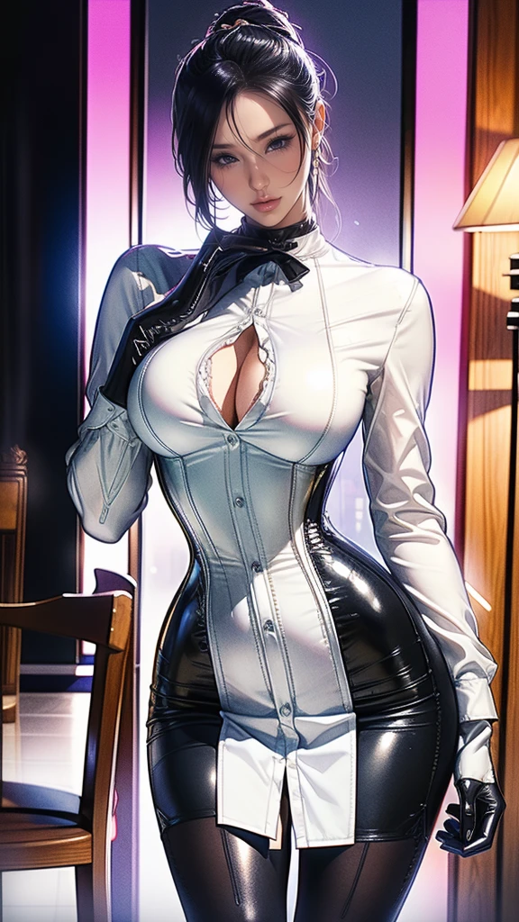 Masterpiece, Beautiful art, professional artist, 8k, Very detailed face, Detailed clothing, detailed fabric, 1 girl, Soul Fullness \(Honkai Impact 3rd\), front view, standing, big breasts, perfectly drawn body, shy expression, pale skin, beautiful face, short dark blue hair, 4k eyes, very detailed eyes, pink cheeks, choker:1.6, (white long sleeve button down shirt with white collar), black gloves, gloves that cover hands, (black leather corset), (shiny black leggings), Sensual Lips , winter night, show details in the eyes, looking at the viewer, elegant room, at night