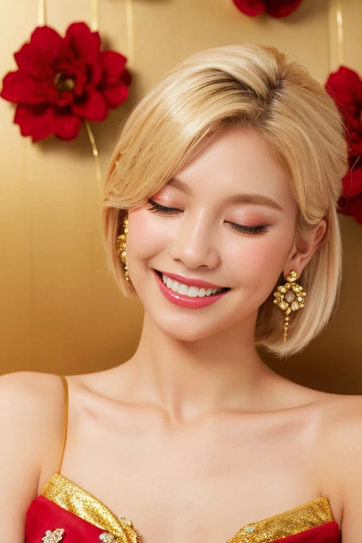 1 girl, alone, Close your eyes, decorations, earring, blonde hair, bare shoulders, realistic, gold background, collarbone, smile, Long eyelashes, decorationsผม, lips, upper body, set, chest, put on makeup, short hair, off shoulder, flower, rift, red set, Portrait