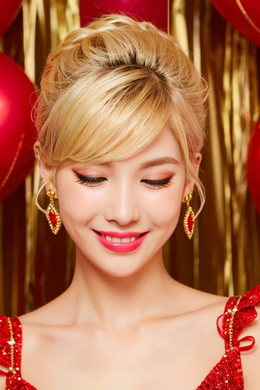 1 girl, alone, Close your eyes, decorations, earring, blonde hair, bare shoulders, realistic, gold background, collarbone, smile, Long eyelashes, decorationsผม, lips, upper body, set, chest, put on makeup, short hair, off shoulder, flower, rift, red set, Portrait