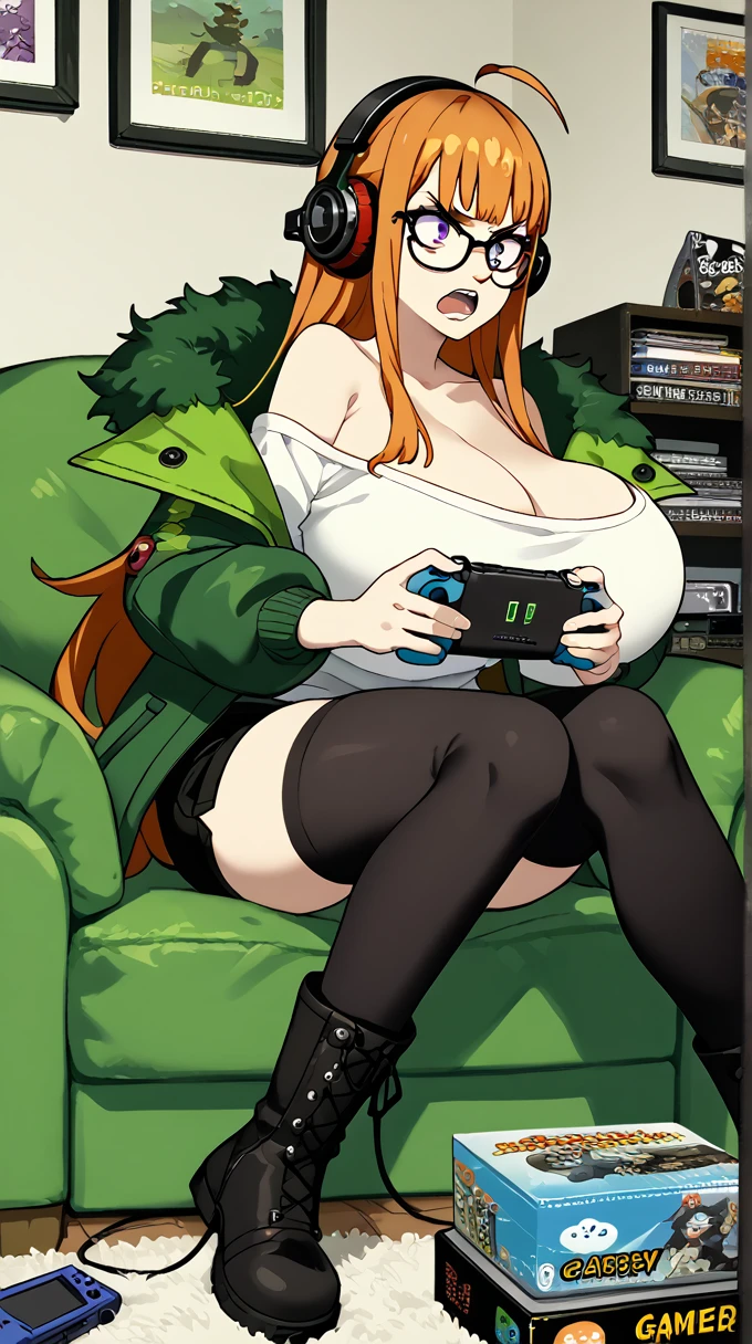 dsfutaba, orange hair, long hair, blunt bangs, glasses, ahoge, purple eyes, behind-the-head headphones, white shirt, green fur-trimmed jacket, off shoulder jacket, black shorts, black thighhighs, black knee boots, gigantic breasts, sitting, angry, open mouth, (game boy, holding game boy, gameing:1.25), living room,, score 9, score 8 up, score 7 up, score 6 up, score 5 up, score 4 up,