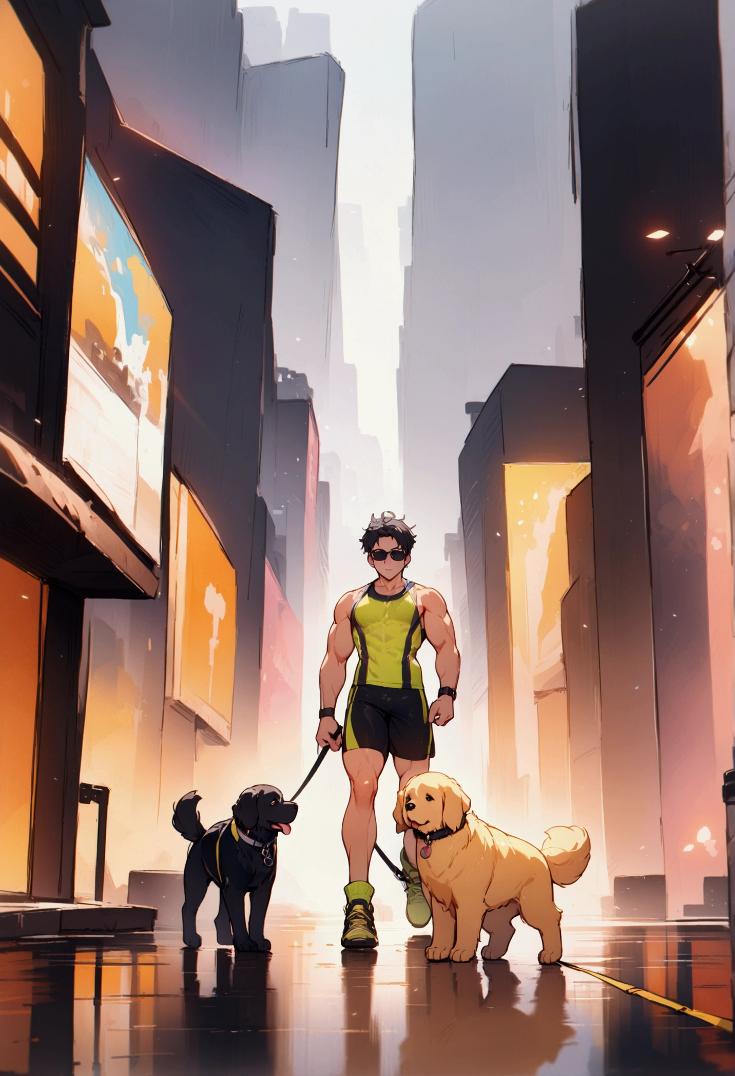 best quality, masterpiece, 8K, HD, young muscular man, wearing neon colored sports tank top and tight booty shorts, wearing stylish sunglasses, brisk jogging while holding two dogs on leashes, a big black dog and a golden retriever in front of him, in a park, metropolitan city in the background, front view, full body, zoomed out, vibrant colors, highly detailed