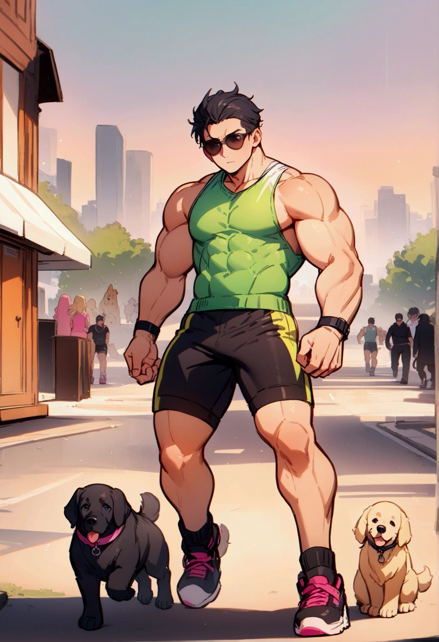 best quality, masterpiece, 8K, HD, young muscular man, wearing neon colored sports tank top and tight booty shorts, wearing stylish sunglasses, brisk jogging while holding two dogs on leashes, a big black dog and a golden retriever in front of him, in a park, metropolitan city in the background, front view, full body, zoomed out, vibrant colors, highly detailed