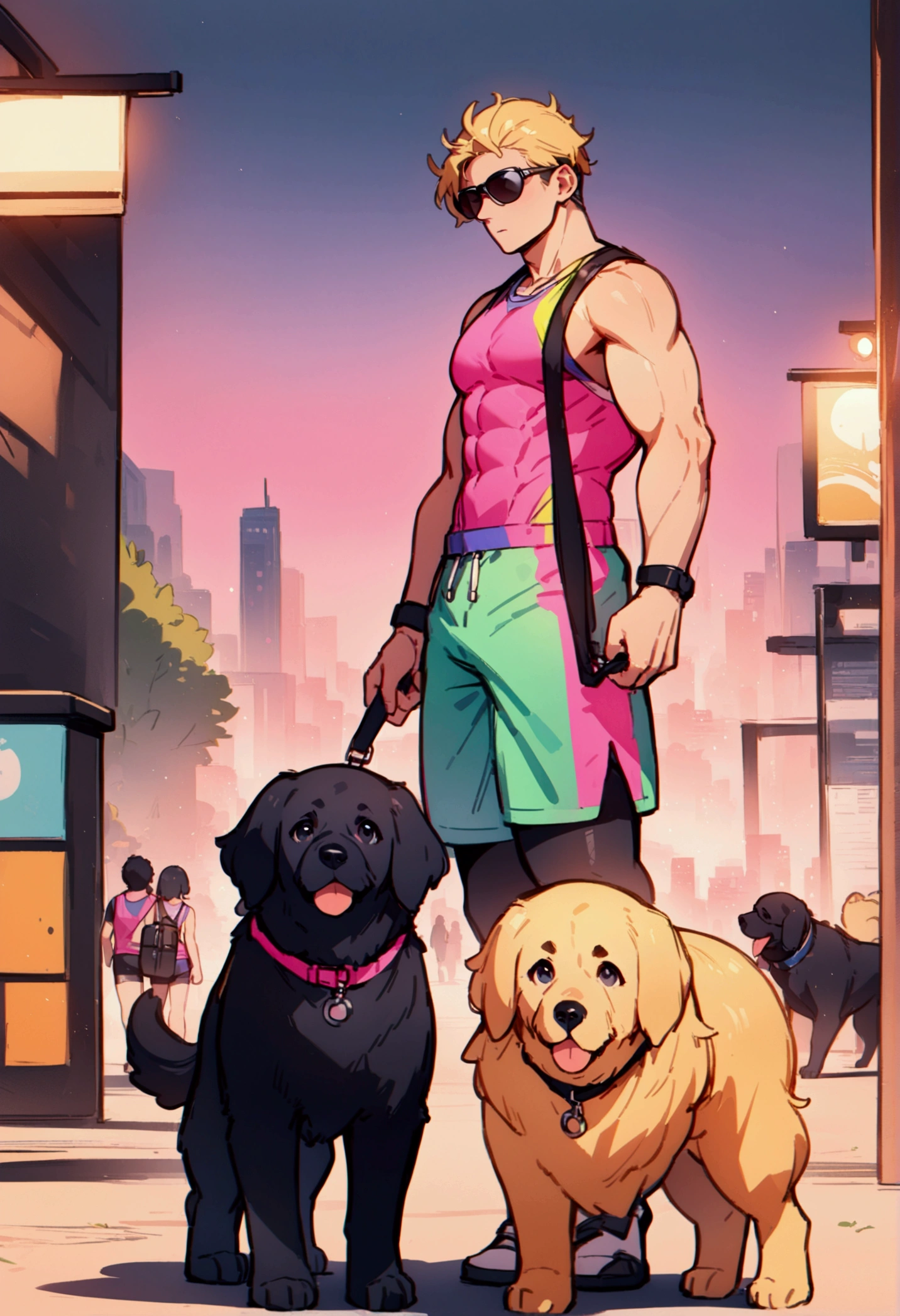 best quality, masterpiece, 8K, HD, young muscular man, wearing neon colored sports tank top and tight booty shorts, wearing stylish sunglasses, brisk jogging while holding two dogs on leashes, a big black dog and a golden retriever in front of him, in a park, metropolitan city in the background, front view, full body, zoomed out, vibrant colors, highly detailed