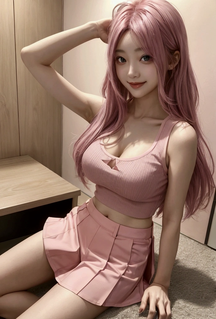 ((((highest quality))))、(((Ultra-precision CG16K wallpaper)))、(((masterpiece)))、(((Super detailed)))、(((Extreme detail)))、((１Mature 29 year old woman:1.6))、((Very beautiful Japanese faces))、((Zuo々Nozomi:1.5))、((Straight medium hair、blunt bangs:1.5))、((Shiny pink hair:1.5))、Beautiful delicate eyes、Brown Eyes、eyeliner、Eyeshadow、High nose、Small nostrils、Small Mouth、Seductive lips、Beautiful breasts、((C cup size breasts))、Beautiful feet、eight-headed body、Perfect proportions、Perfect Anatomy、Perfect composition、Beautiful detailed shading、Beautiful, natural lighting、Beautiful detail glow、Depth of written boundary、(((High chroma)))、(((Real:1.9)))、((vivid:1.5))、((Beautiful Skin))、((Skin Texture))、((Realな皮膚感))、(((Cowboy Shot:1.6)))、((front view、shoot from front、Front low angle:1.6))、(((smile:1.5)))、((The woman is looking at this、looking at viewer、Facing forward:1.6))、Bright daylight、Natural light、(((living、Foliage plant:1.5)))、(Gravure idol pose:1.6)、(((Pink high neck sleeveless ribbed knit double slit mini dress with belt:1.6)))、((Wearing earrings:1.5))、((Wearing knee-high socks:1.3))、(((A woman is sitting on a cushion with her knees raised and her legs spread apart:1.6)))、