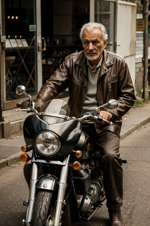 An older man travels on an old motorcycle