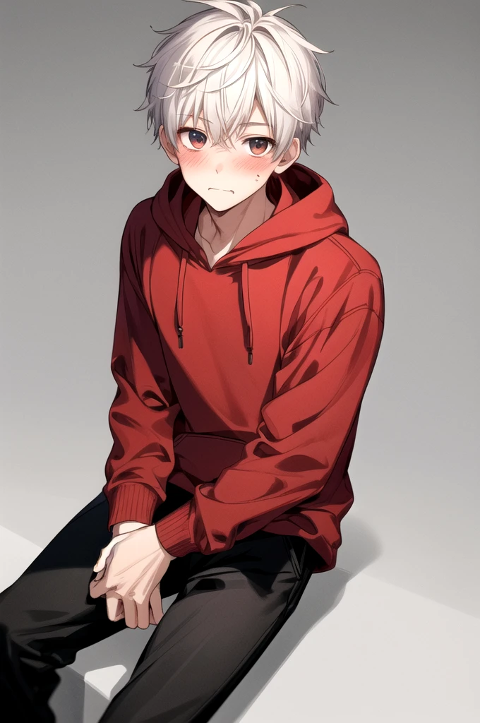 A boy,((,super detailed cute face)),blushing, wearing a red hoodie and white shirt, short black pants, a plain white background,Sitting on the ground.
