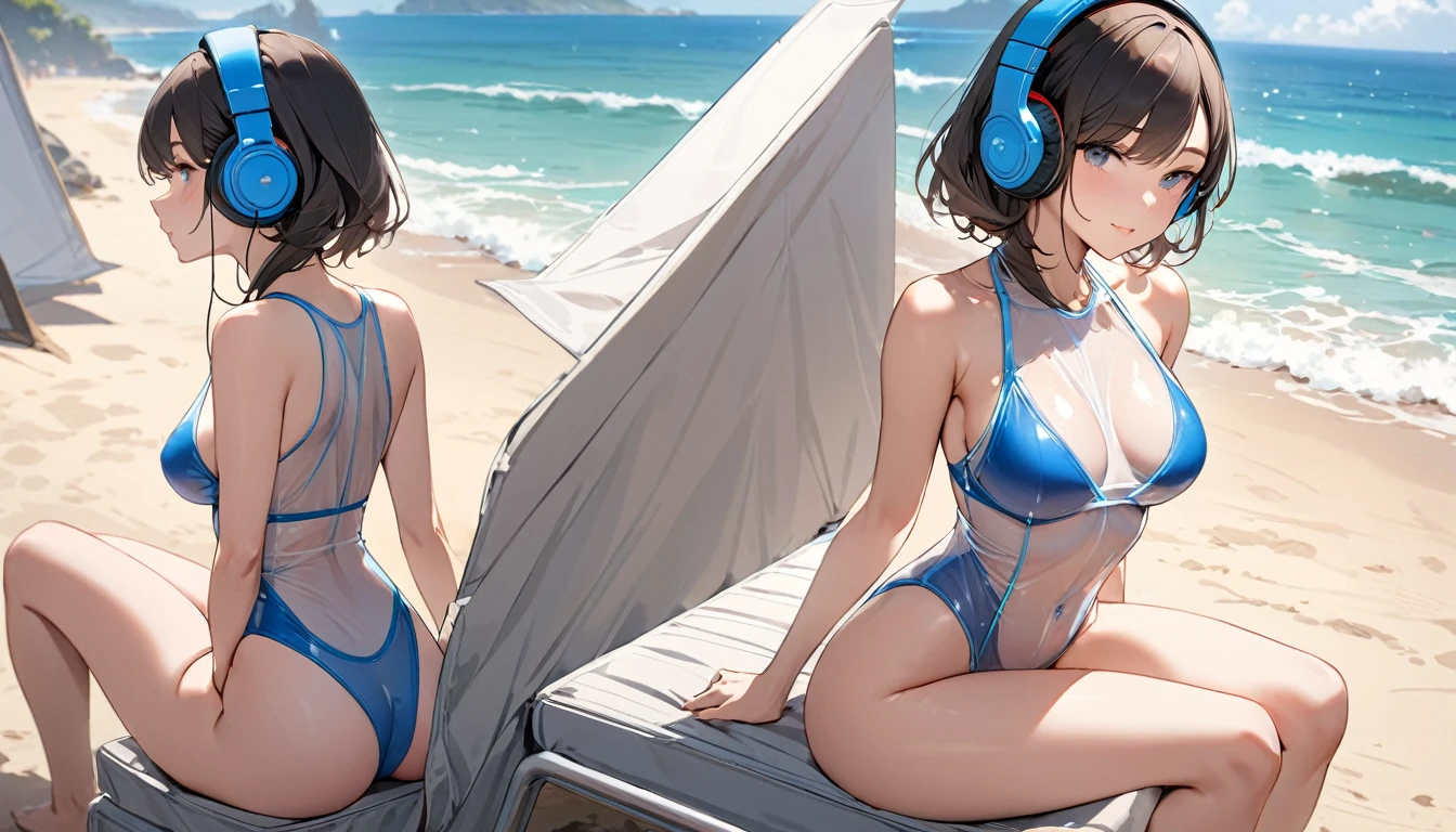 ((Top Quality)), ((Masterpiece)), ((Details)), perfect face, perfect body, sitting by the beach, listening to music, wearing headphones, wearing swimsuit, transparent swimsuit, wearing clothes exposing tight hips and breasts Woman with face visible, sitting with legs apart