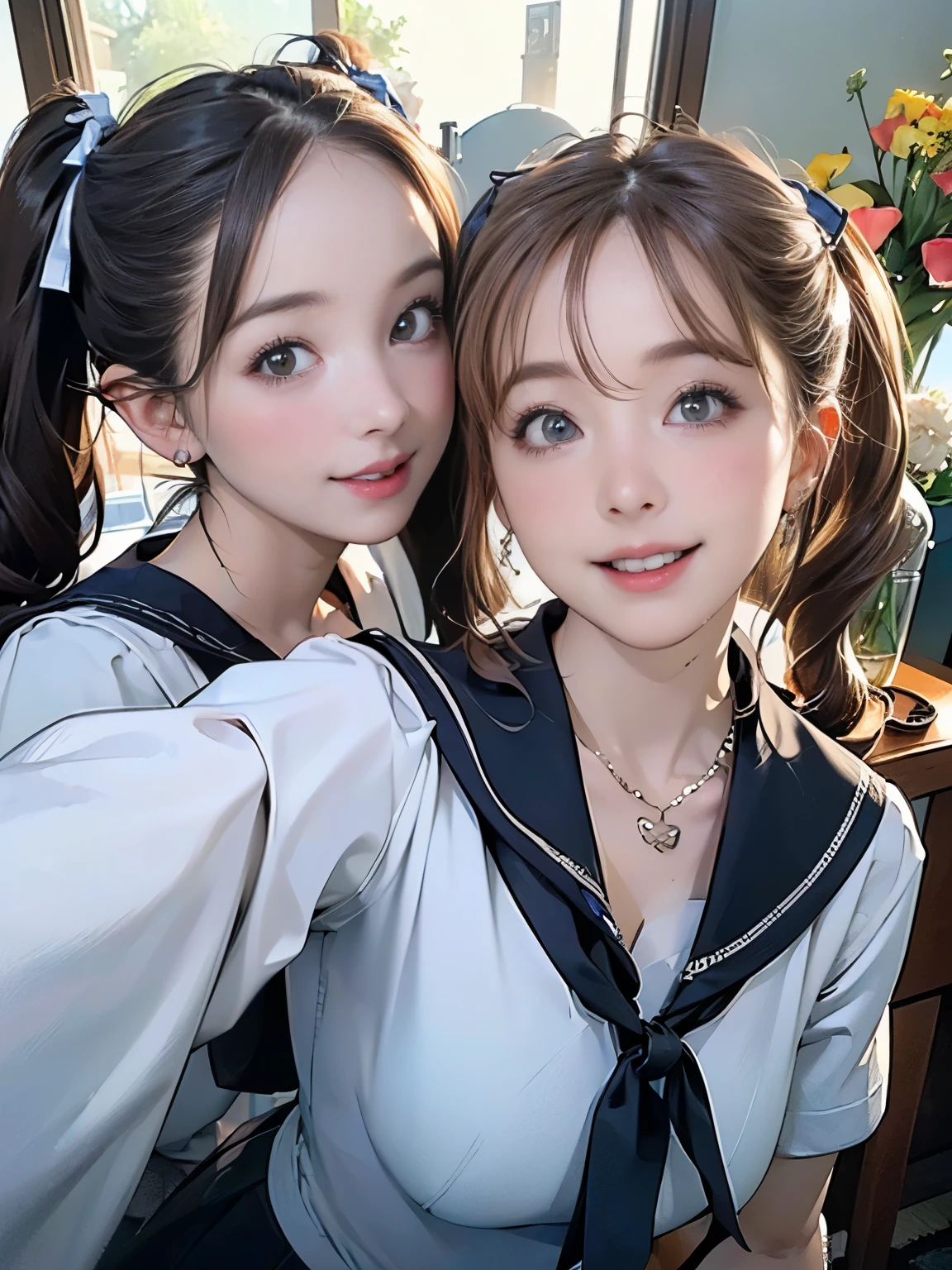 ((((Highest quality))))、(((Ultra-precision CG16K wallpaper)))、(((masterpiece)))、(((Super detailed)))、(((Extreme detail)))、((１Mature 29 year old woman:1.6))、((Very beautiful Japan face of a person))、((Urizane Face:1.8))、((Twin tail soft wave hair:1.6))、(Shiny Hair)、A delicately drawn beautiful face、(Dark Eyes、Reflected light from the eye)、double eyelid、High nose、Small nostrils、Small Mouth、Seductive lips、Beautiful breasts、((B cup size breasts))、Cleavage、eight-headed body、Perfect proportions、Perfect Anatomy、Perfect composition、Beautiful detailed shading、Beautiful, natural lighting、Beautiful detail glow、Depth of written boundary、(((High chroma)))、(((Real:1.9)))、((vivid:1.5))、((Beautiful Skin))、((Skin Texture))、((Realな皮膚感))、(((Bust Shot:1.6)))、(((front view、shoot from front、front low angle:1.6)))、(((Half-open mouth、Half-open eyes、Ecstatic face:1.8)))、((blush:1.3))、(((looking at camera:1.6)))、Bright daylight、Natural light、(((background_living、vase:1.5)))、(Selfie pose:1.7)、(((High school girl wearing light blue sailor uniform:1.6)))、((Hair Ribbon、necklace、Wearing earrings:1.5))、