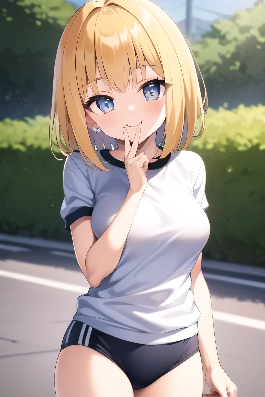 buruma, black buruma, (White short-sleeved gym uniform), School, Ground, sports festival, ((Highest quality)), ((masterpiece)), (detailed), Perfect Face, Perfect Arms, Perfect hands, Perfect Fingers, anime, Ultra-fine illustration, ((1 person)), -yeld gi ((Put your hand to your mouth)), (Smile:1.3), (Open your mouth:1.3), Blue Eyes, Blonde, (Very Short Hair), Bangs, Glamorous figure, Cowboy Shot, Outdoor, 