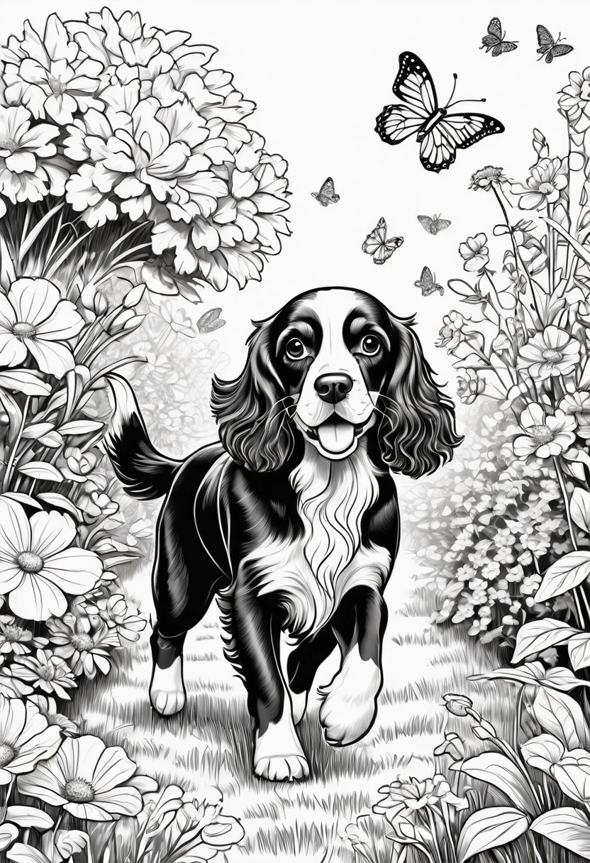 A delightful black and white line art coloring page of a playful cocker spaniel chasing a butterfly in a garden. The puppy, with floppy ears and a wagging tail, is depicted with thick lines and minimal details, making it perfect for kids to color. The butterfly, with open wings, flies gracefully above the puppy. The garden has a few simple flowers and blades of grass, creating a cheerful atmosphere. The clear, bold outlines stand out against the white background, making the illustration fun and engaging, illustration