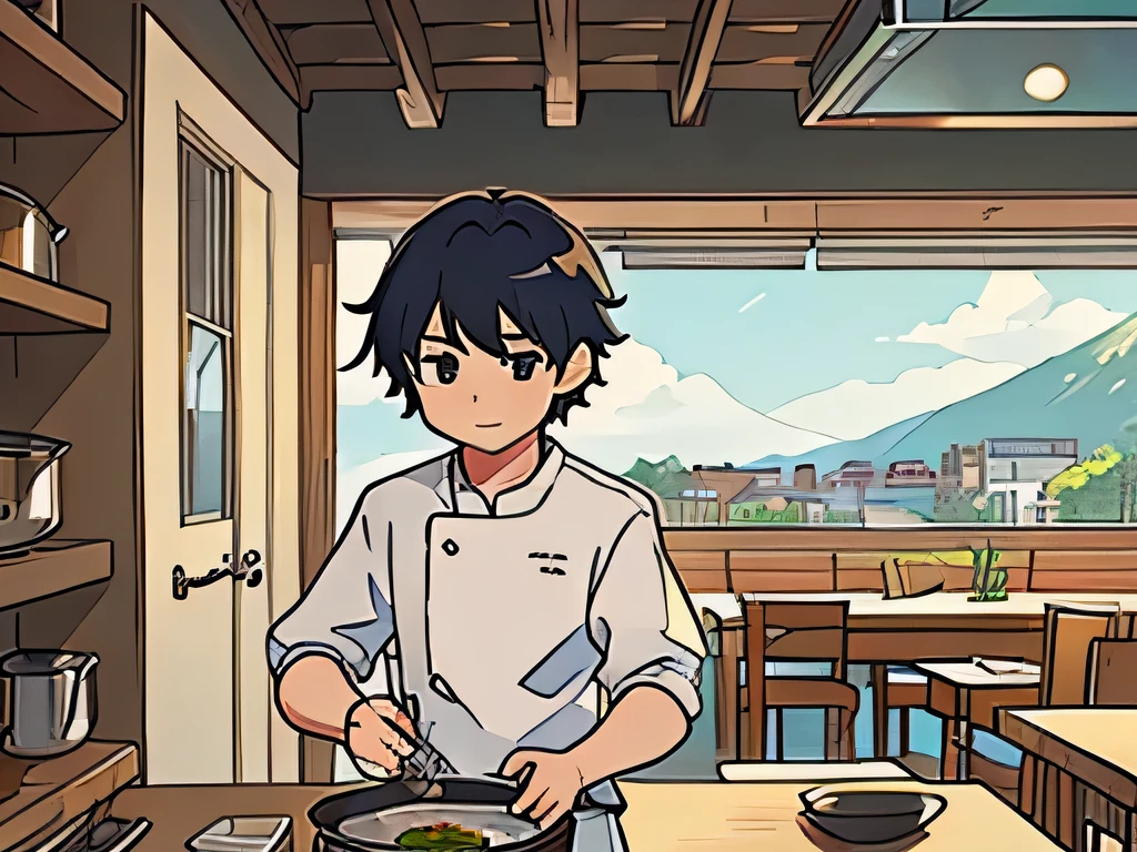 anime illustration, view of a boy having short messy hairs,working on a kitchen table,cooking, view from far disrance