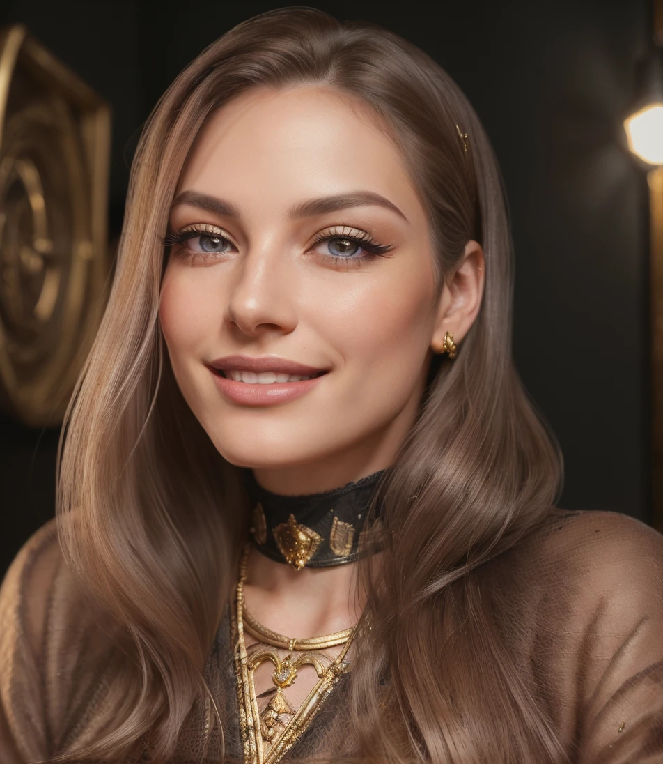 (one woman, smiling smile:1.1, beautiful detailed eyes, beautiful detailed lips, extremely detailed face and eyes, long eyelashes, long hair, boyish look, valley, upper body, gold view, best quality, 8k, ultra-detailed, photorealistic, masterpiece:1.2, studio lighting, vivid colors)