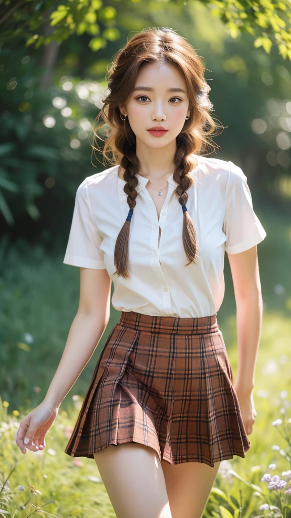 NSFW, 8k RAW photos, best quality, masterpiece, ultra high resolution, film grain, movie, 1 woman, looking at viewer, natural skin texture, Realistic eye and facial details, full Lips, Lipstick, (assembly), Red eyeshadow, Braided hairstyle, messy hair, laugh, 입을 다water다, beautiful leg, tall woman, thin, slim_leg, alone, huge breasts, I see cracks, posture with chest out., pretty short skirt, ~~~~am, shirt, beautiful natural location, Around the flower field, (detailed background), plaid skirt, white shirt, huge breasts, divided, Show a little divided through the shirt, loafers, treasury background, treasury, possession, plaid, short sleeve, brown hair, bracelet, water, forehead, , jewelry store, parted Lips, Lips, pleated skirt, depth of field