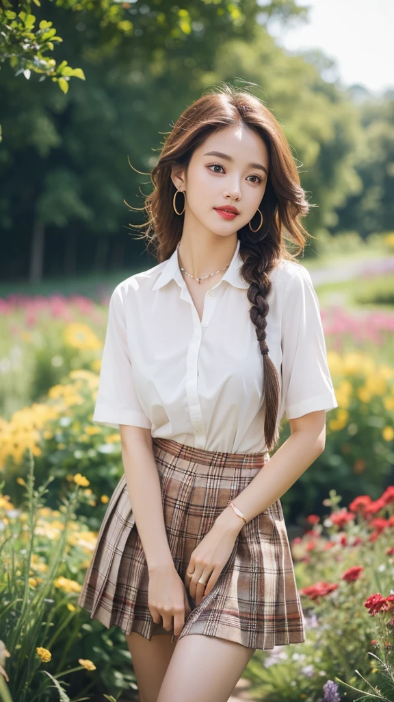 NSFW, 8k RAW photos, best quality, masterpiece, ultra high resolution, film grain, movie, 1 woman, looking at viewer, natural skin texture, Realistic eye and facial details, full Lips, Lipstick, (assembly), Red eyeshadow, Braided hairstyle, messy hair, laugh, 입을 다water다, beautiful leg, tall woman, thin, slim_leg, alone, huge breasts, I see cracks, posture with chest out., pretty short skirt, ~~~~am, shirt, beautiful natural location, Around the flower field, (detailed background), plaid skirt, white shirt, huge breasts, divided, Show a little divided through the shirt, loafers, treasury background, treasury, possession, plaid, short sleeve, brown hair, bracelet, water, forehead, , jewelry store, parted Lips, Lips, pleated skirt, depth of field