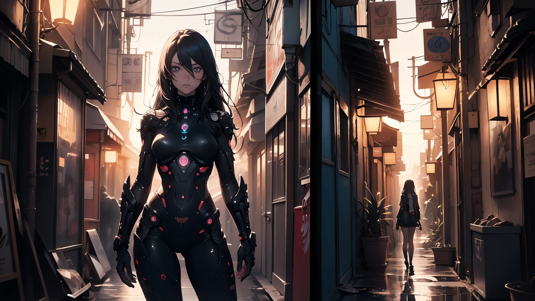 Biolucent cyberpunk girl, about, standing, very long hair, cowboy shot, brilliant, brilliant hair, (night:1.2),Dreamy, [[gentle fingers and hands:0.55]::0.85],(detailed fingers),),(emotional),(breathtaking),(main part:1.2) whole body.), (Anime Style), (Super Detailed), (brutal), (uhd, HDR), (8K), (High Resolution: 1.2), (Complex and Beautiful: 1.2)