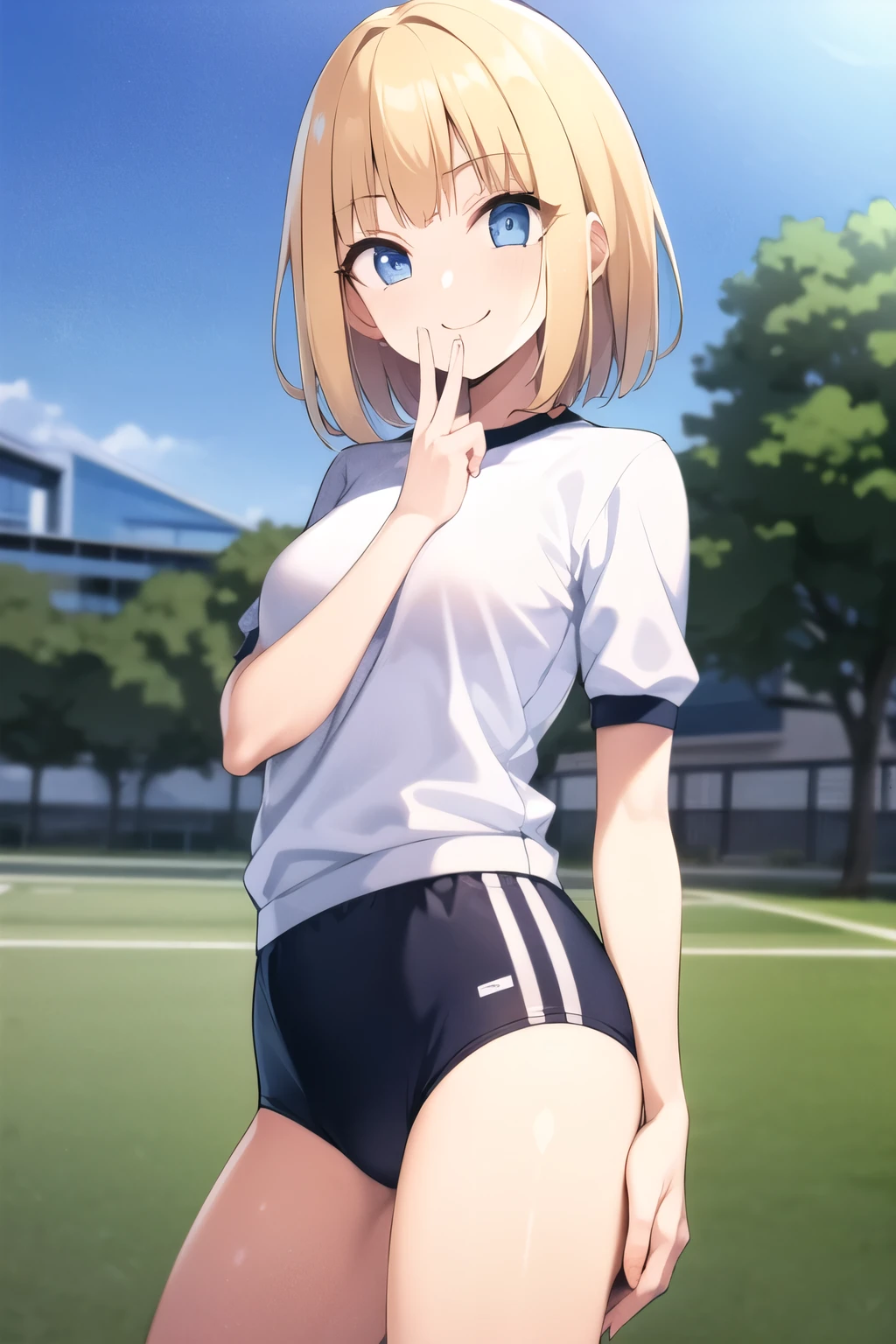 buruma, black buruma, (White short-sleeved gym uniform), School, Ground, sports festival, ((Highest quality)), ((masterpiece)), (detailed), Perfect Face, Perfect Arms, Perfect hands, Perfect Fingers, anime, Ultra-fine illustration, ((1 person)), -yeld gi ((Put your hand to your mouth)), (Smile:1.3), (Open your mouth:1.3), Blue Eyes, Blonde, ((Very Short Hair)), Bangs, Glamorous figure, Cowboy Shot, Outdoor, 