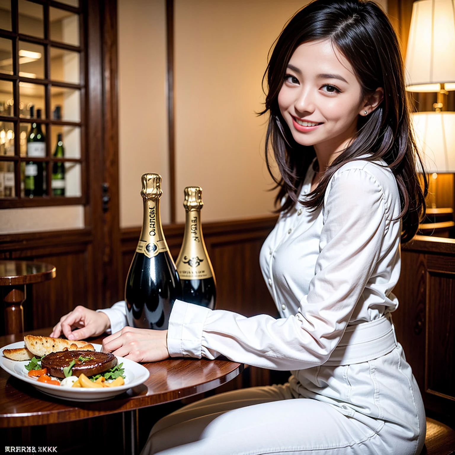 ((Highest quality、8K、masterpiece:1.3))、cute、slimカップル、modelカップル、actress男優、(Realistic, Intricate details:1.2), full-course dinner、Wine Party、Amazing view of the sunset sky and clouds、A bright smile、short hair,Bright Face、 (Age 37), age 34, red wine 、Appetizers、Italian food、Wine bottle、Champagne、sparkling wine、Two beauties、Brown Hair、Shortcuts、Long sleeve shirt、dress、Beautiful woman 1, (slimな顔), (The body is slim), (Brown Hair), (Shortcuts), cheeks turn a little red,Attractive beauty、restaurant, In a prominent place (From the waist up) Nova Frog Style, actress, model, Upper Body, White wine, slim, wine glass, 中央に置かれたwine glass, smile, (smile: 1.15), Beautiful fine grain, Depth f/2,saturation, High Contrast, Strong light and shadow,Moist Body:1.5、3D texture、Delicate eyes、Brown Hair、The hair is very shiny、