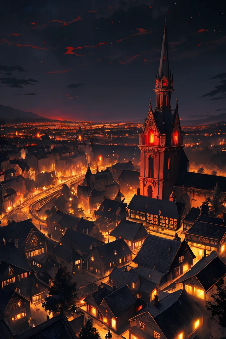 old European village shot with bird view, (Red glowing eyes), masterpiece, Depth of written boundary, Lutz, Gwaites style artwork, Gothic aesthetics, Dark Vampire village, ((in the dark gothic style cathle:1)), ((dark mid-night time:1.5)),